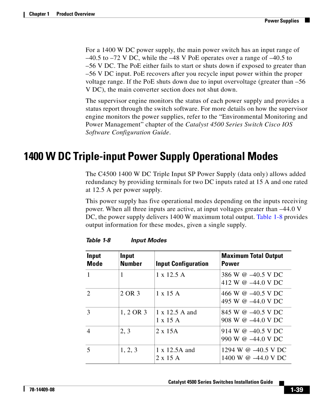 Cisco Systems 4500 manual DC Triple-input Power Supply Operational Modes 