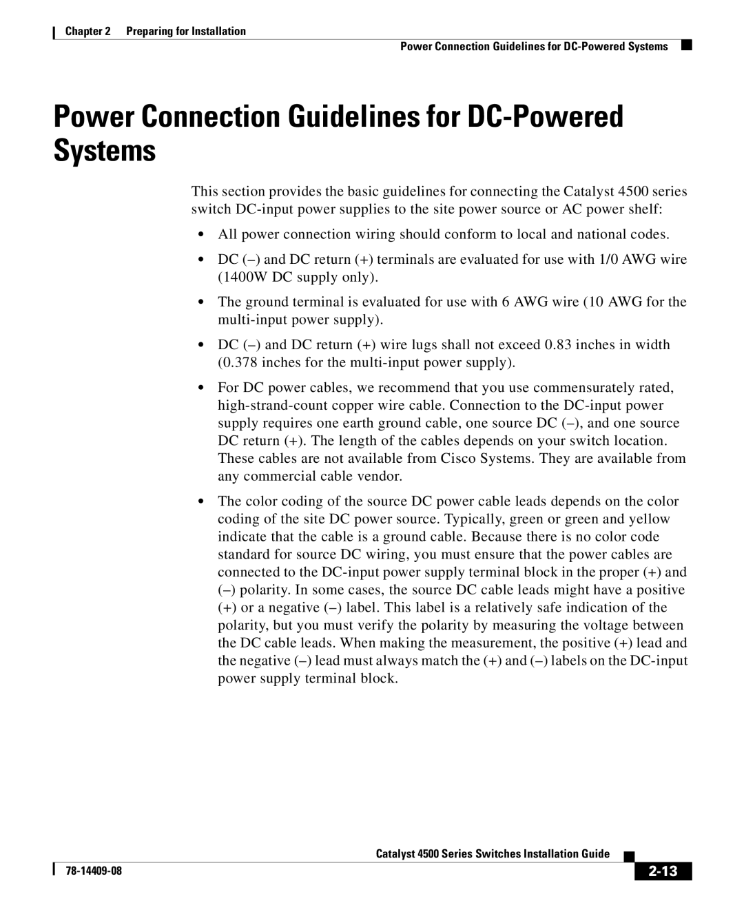 Cisco Systems 4500 manual Power Connection Guidelines for DC-Powered Systems 