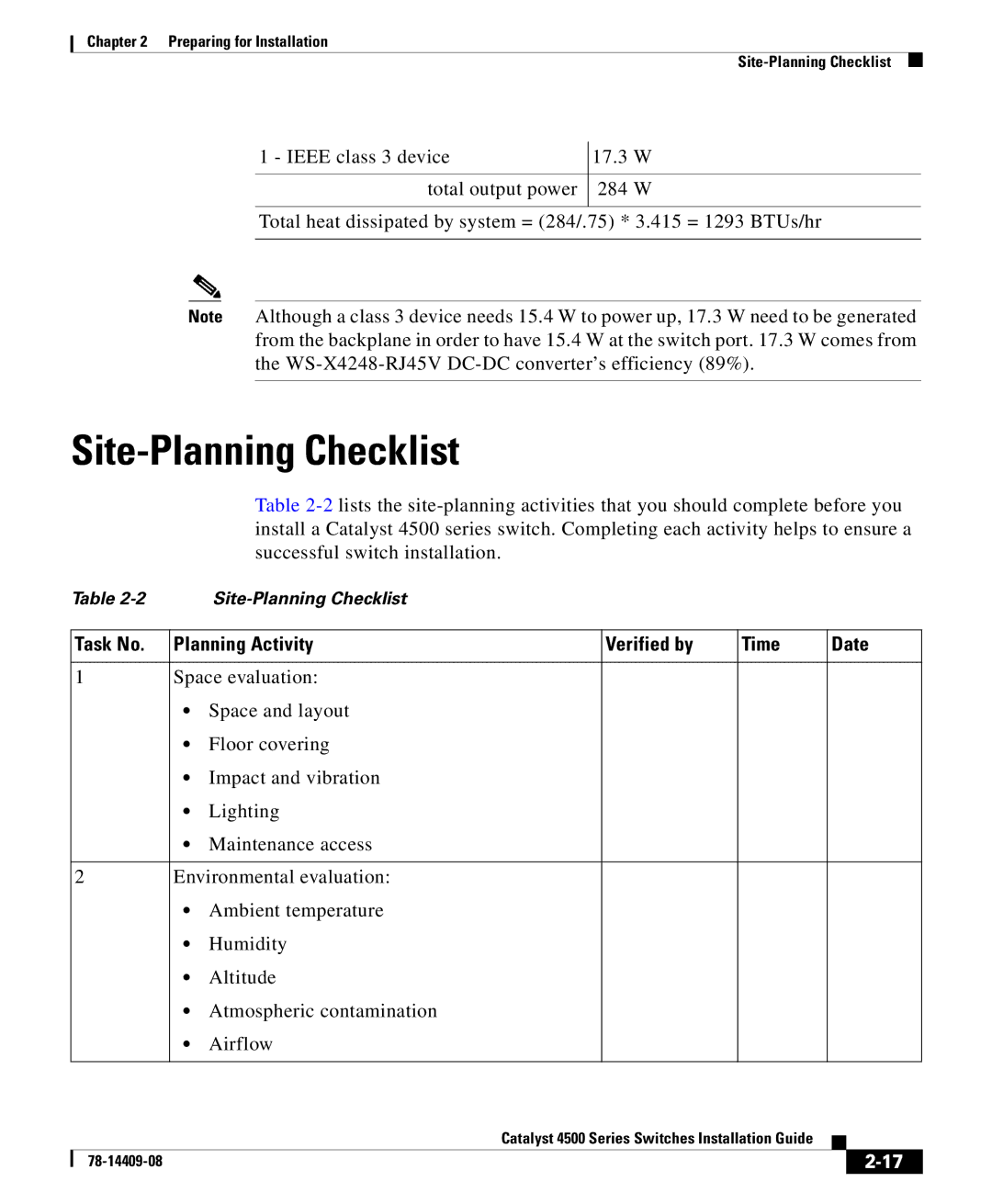 Cisco Systems 4500 manual Site-Planning Checklist, Task No Planning Activity Verified by Time 