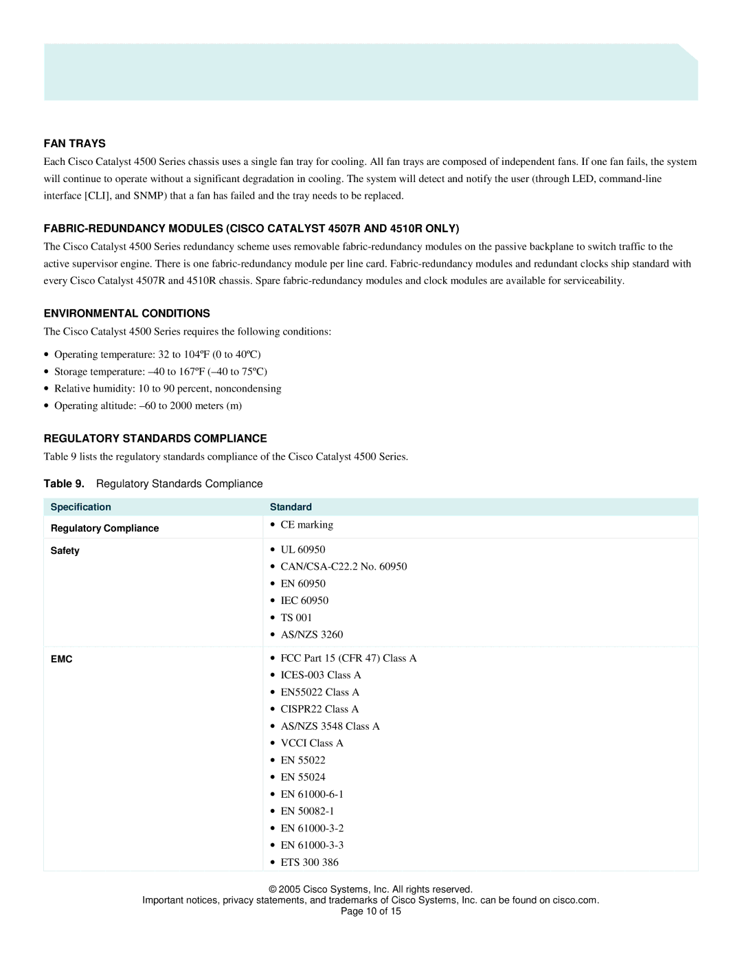 Cisco Systems 4500 manual FAN Trays, Environmental Conditions, Regulatory Standards Compliance 