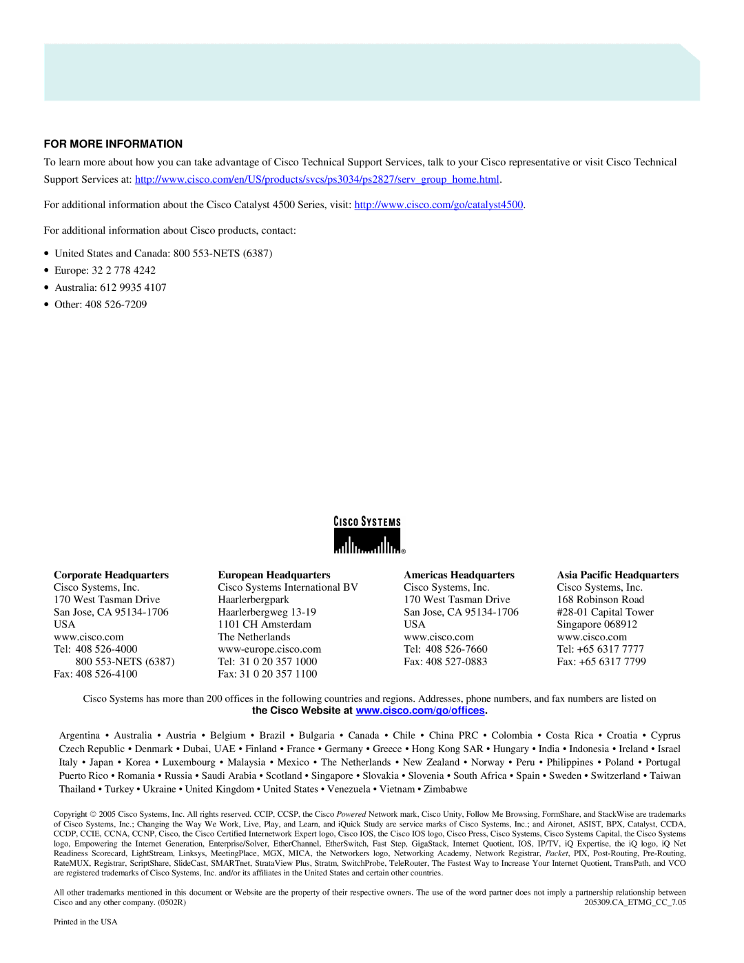 Cisco Systems 4500 manual For More Information, CH Amsterdam, Singapore 