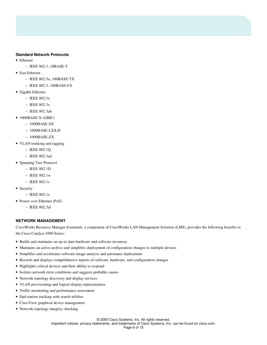 Cisco Systems 4500 manual Standard Network Protocols, Network Management 