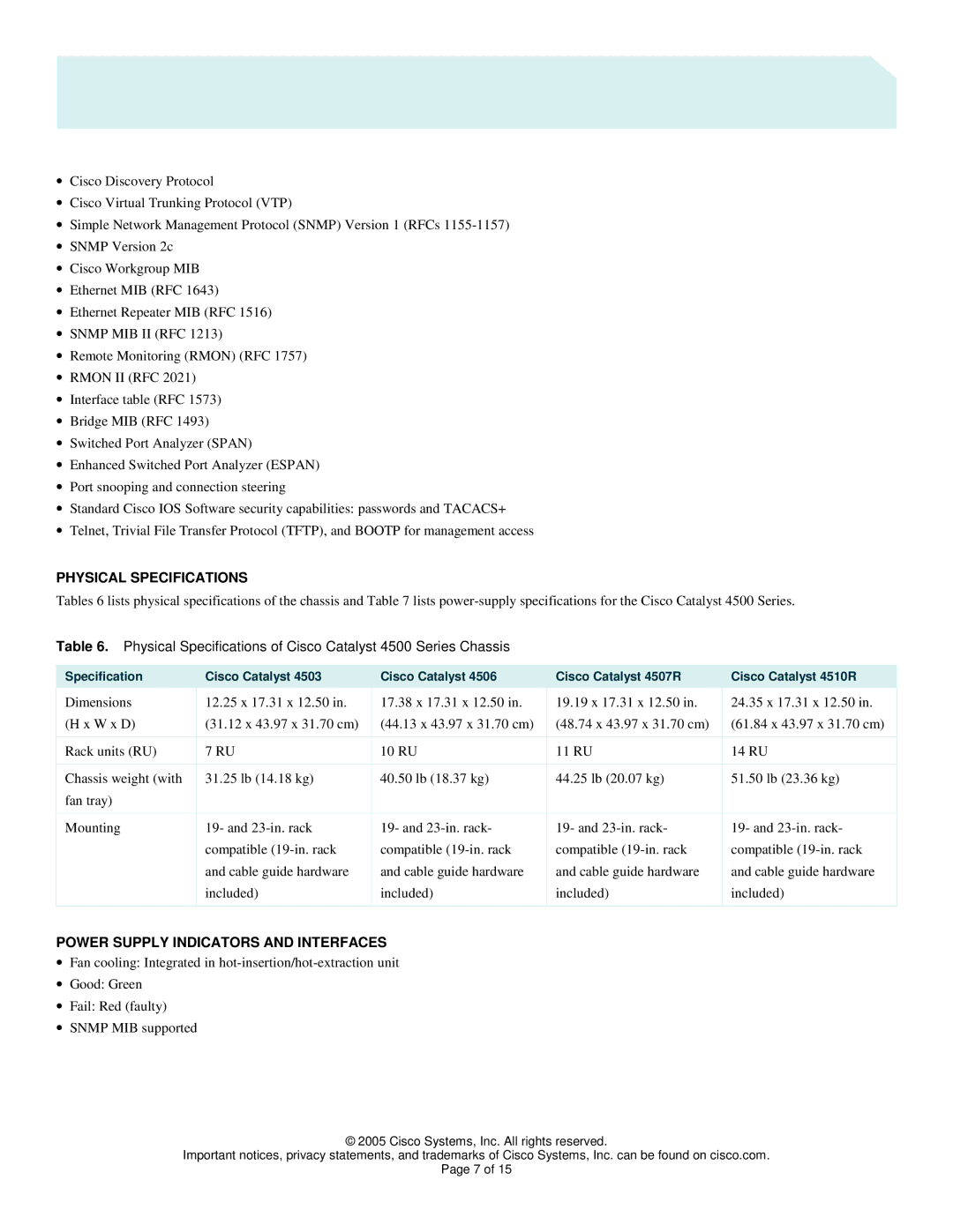 Cisco Systems 4500 manual Physical Specifications, Power Supply Indicators and Interfaces 