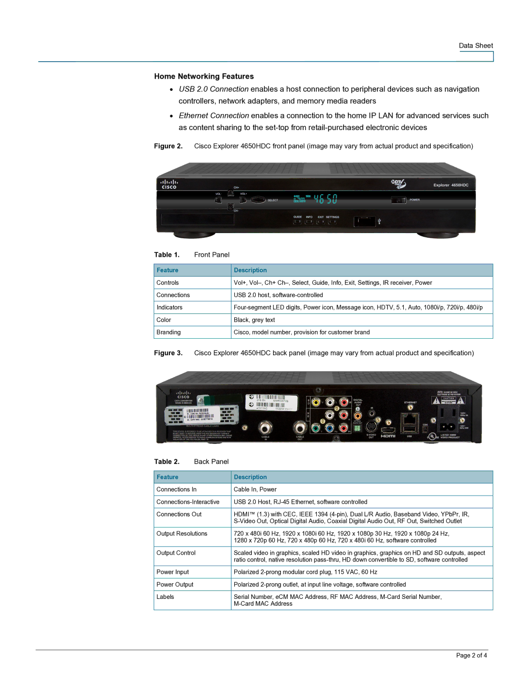 Cisco Systems 4650HDC, 4640HDC manual Home Networking Features, Back Panel, Feature Description 