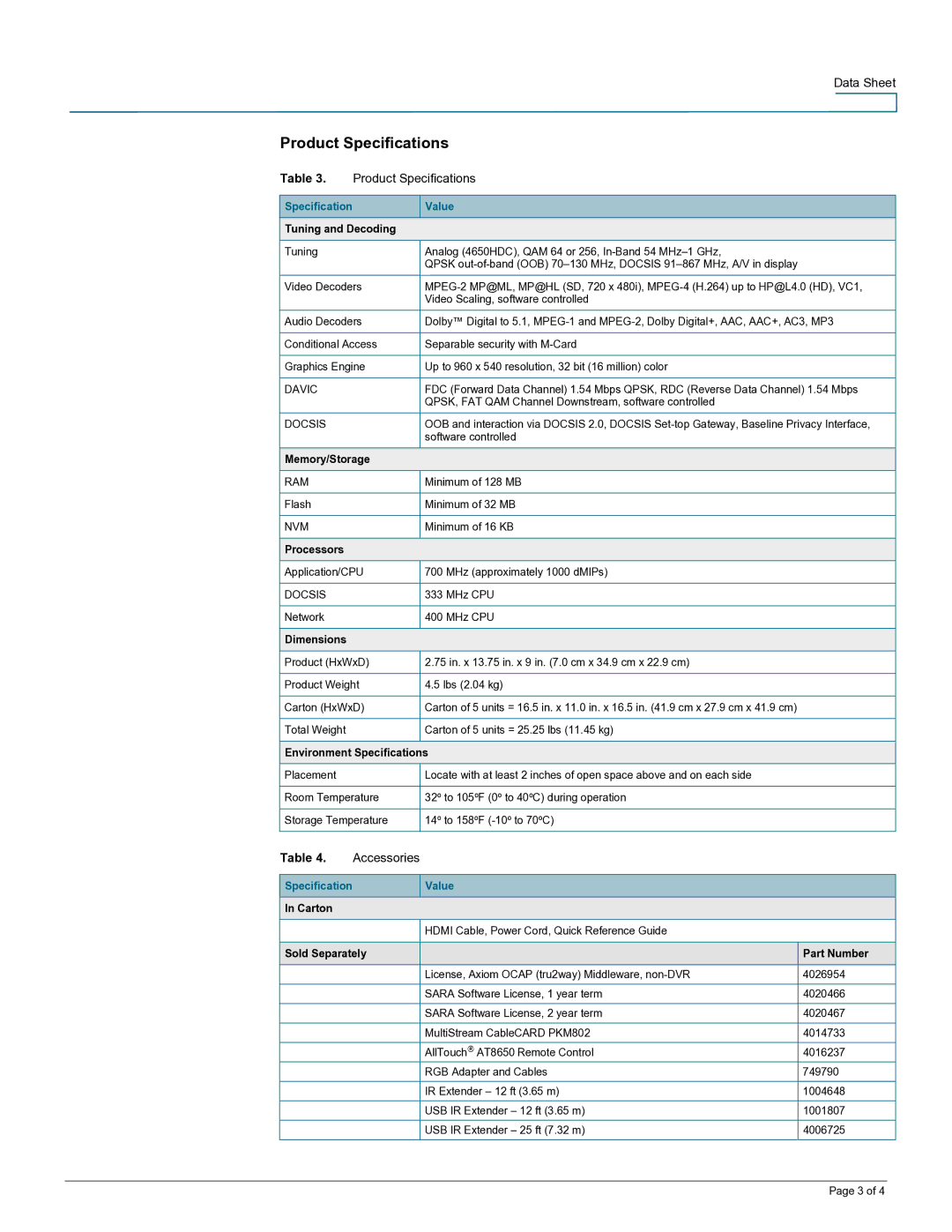 Cisco Systems 4640HDC, 4650HDC manual Product Specifications, Accessories, Value 