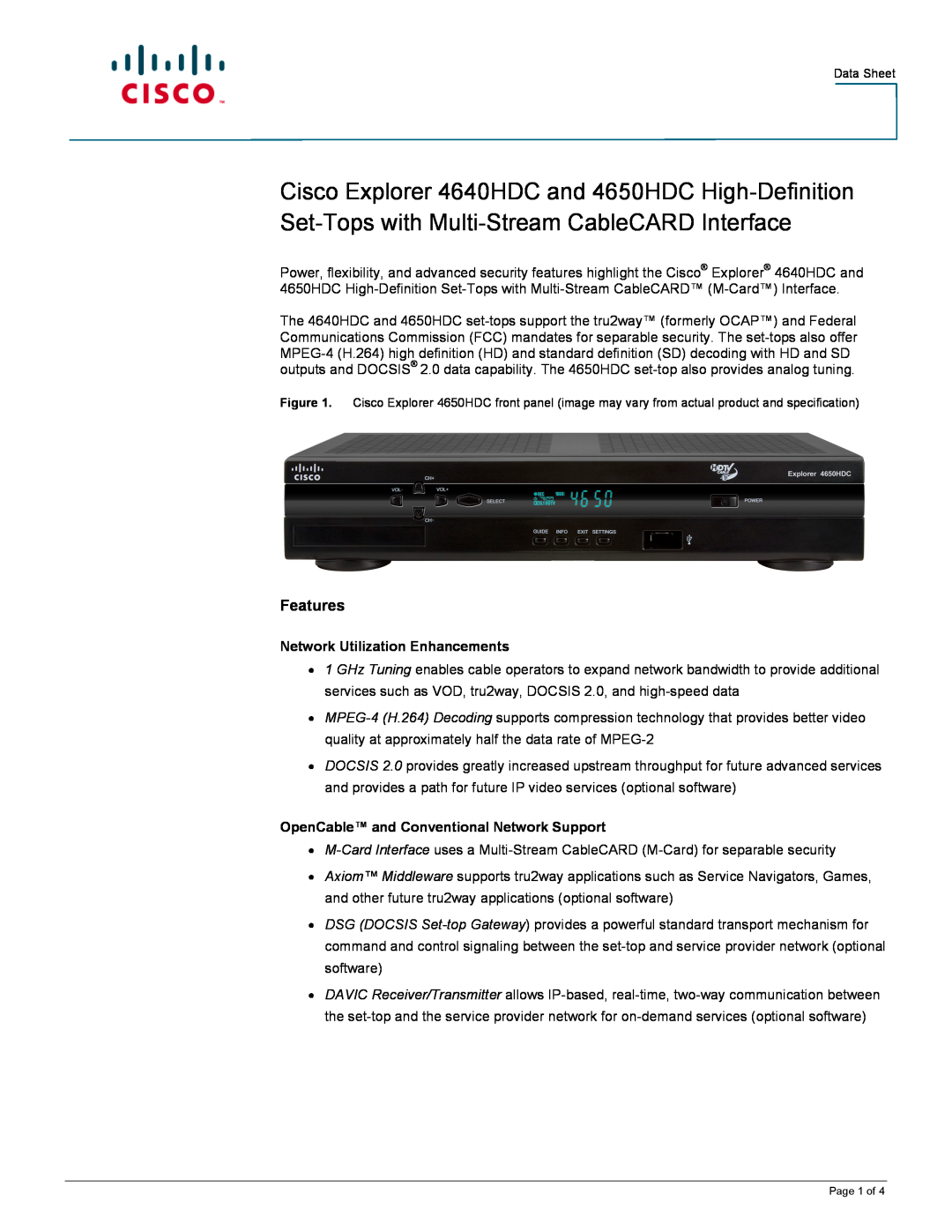Cisco Systems 4640HDC manual Features, Network Utilization Enhancements, OpenCable and Conventional Network Support 