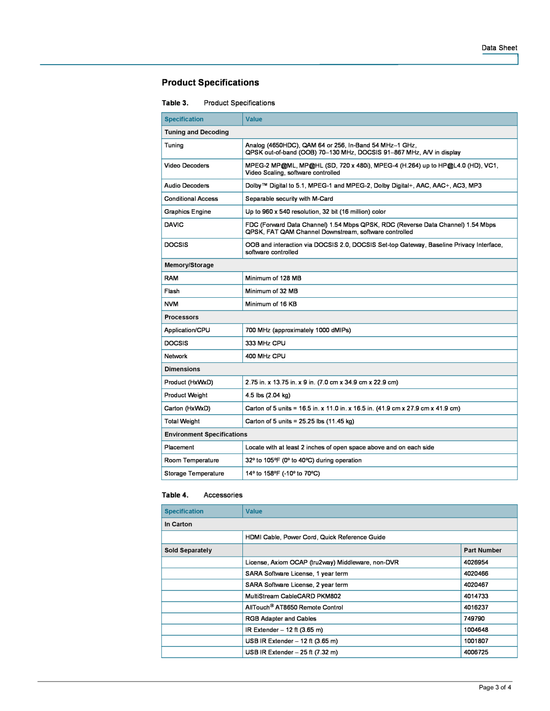 Cisco Systems 4640HDC, 4650HDC Product Specifications, Value, Tuning and Decoding, Memory/Storage, Processors, Dimensions 