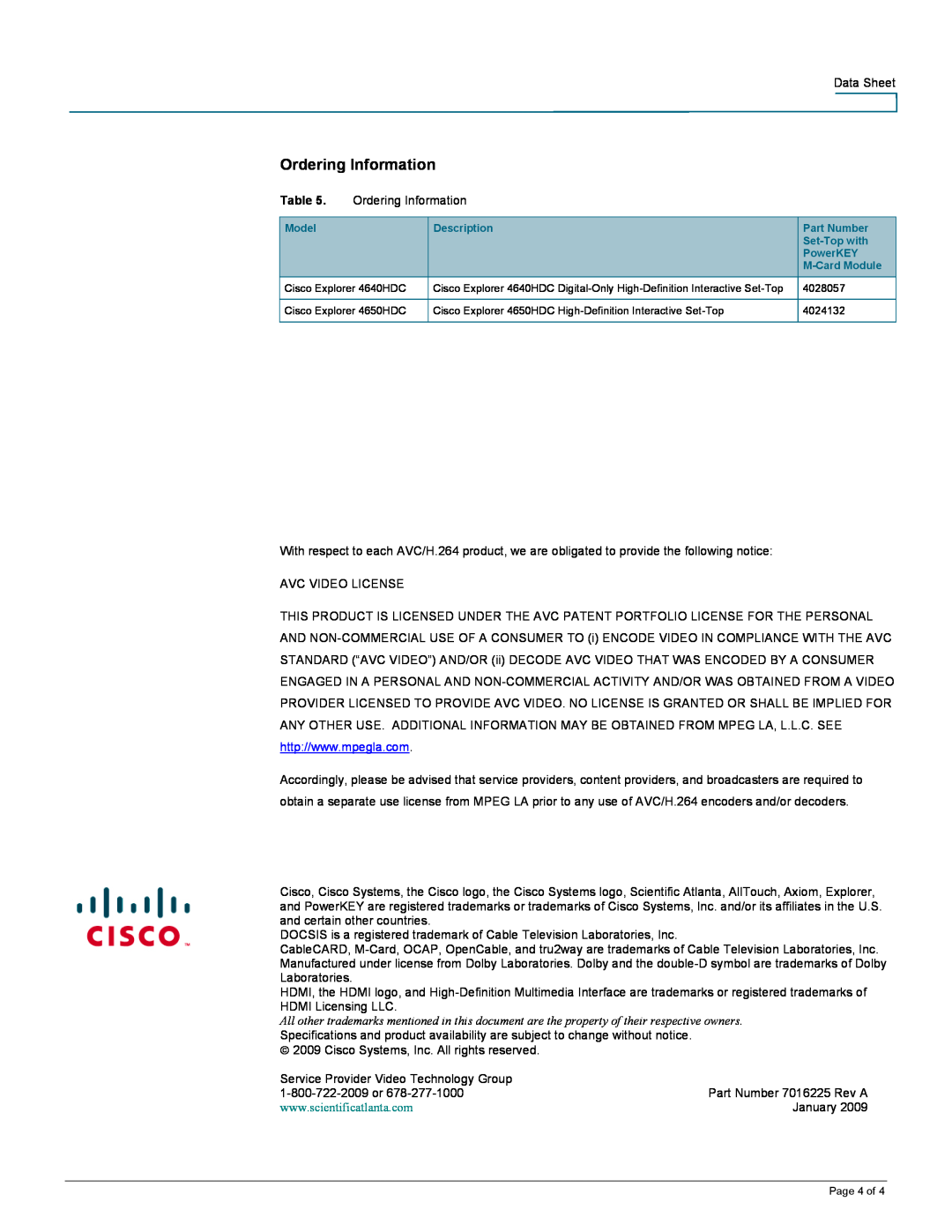 Cisco Systems manual Ordering Information, Cisco Explorer 4640HDC, 4028057, Cisco Explorer 4650HDC, 4024132, Page 4 of 