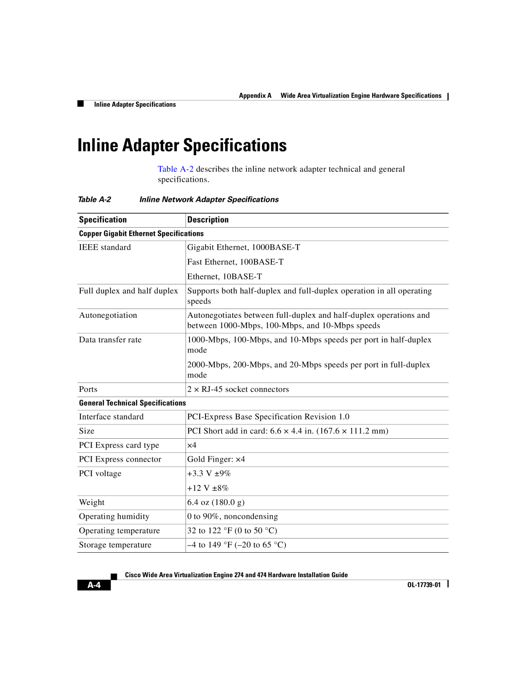 Cisco Systems 474, 274 manual Inline Adapter Specifications 