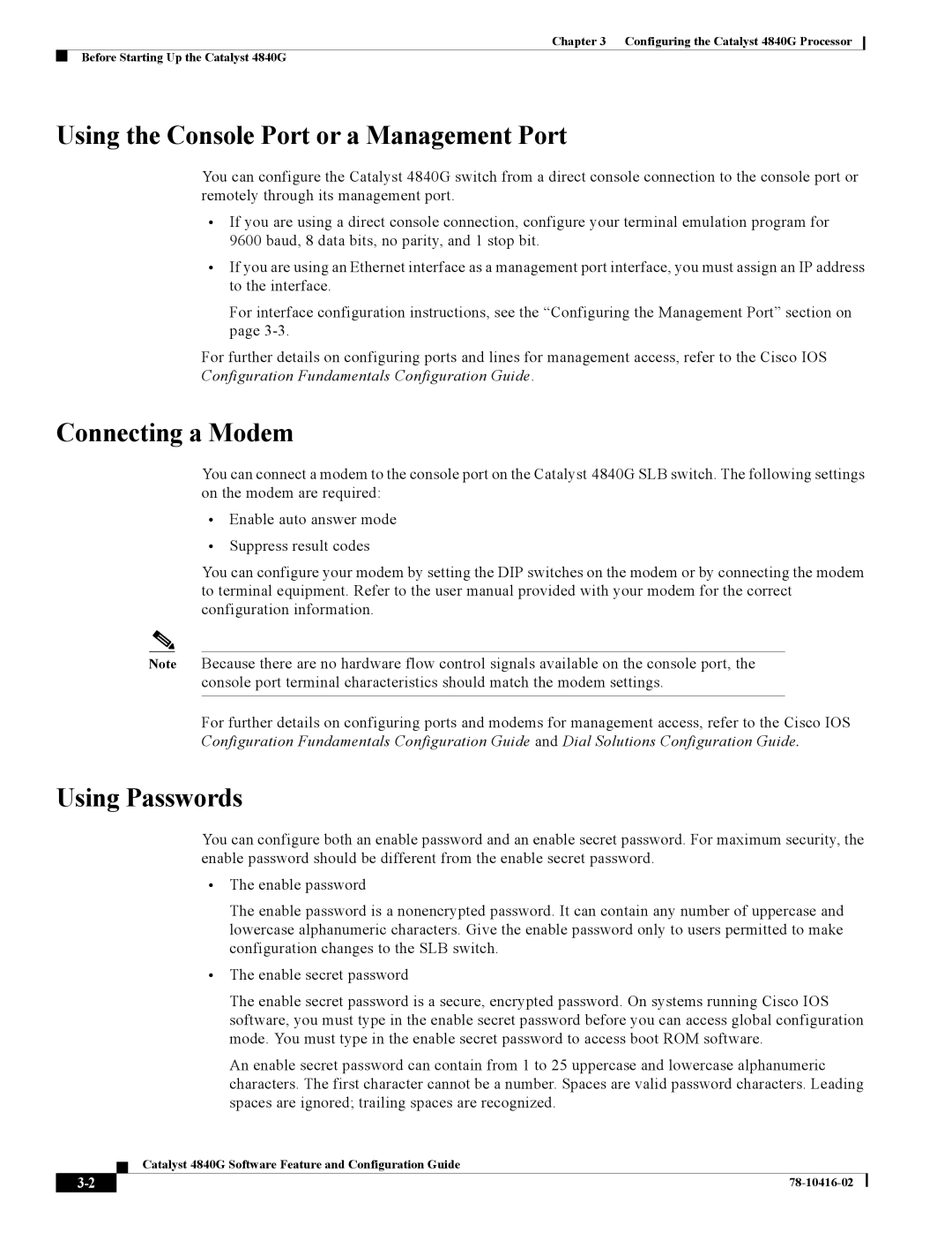 Cisco Systems 4840G appendix Using the Console Port or a Management Port, Connecting a Modem, Using Passwords 