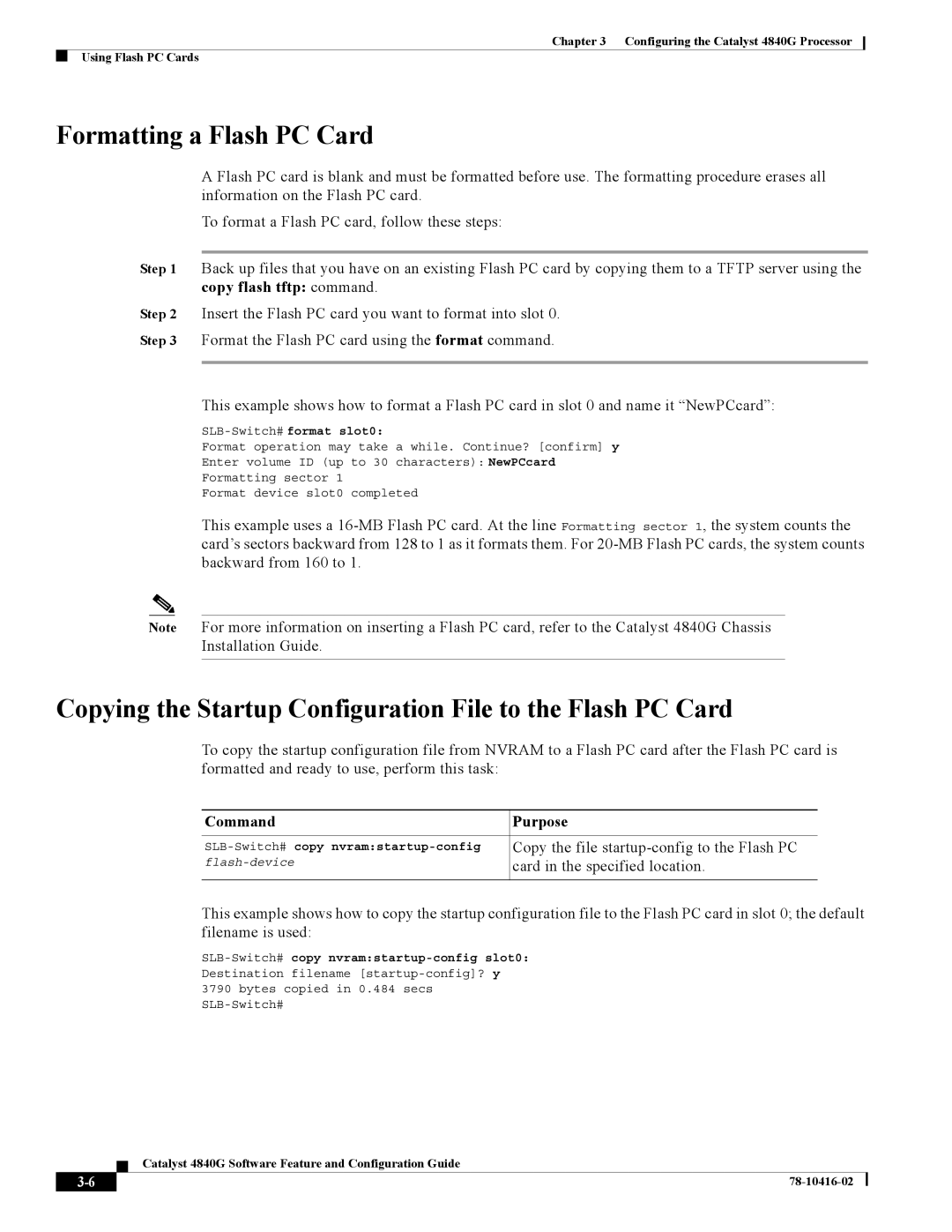 Cisco Systems 4840G appendix Formatting a Flash PC Card, Copying the Startup Configuration File to the Flash PC Card 