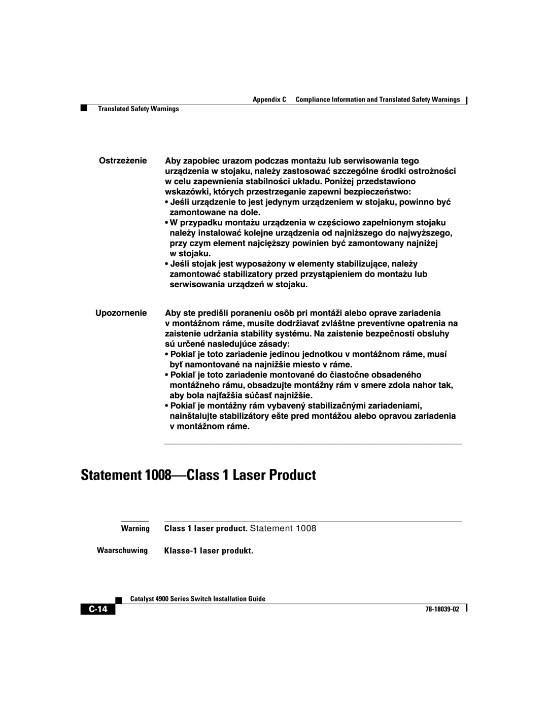 Cisco Systems 4900 Series manual Statement 1008-Class 1 Laser Product, Waarschuwing Klasse-1 laser produkt 