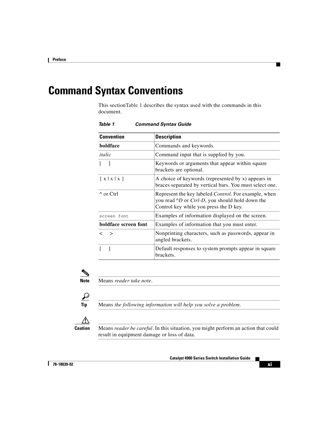 Cisco Systems 4900 Series manual Command Syntax Conventions, Convention Description 