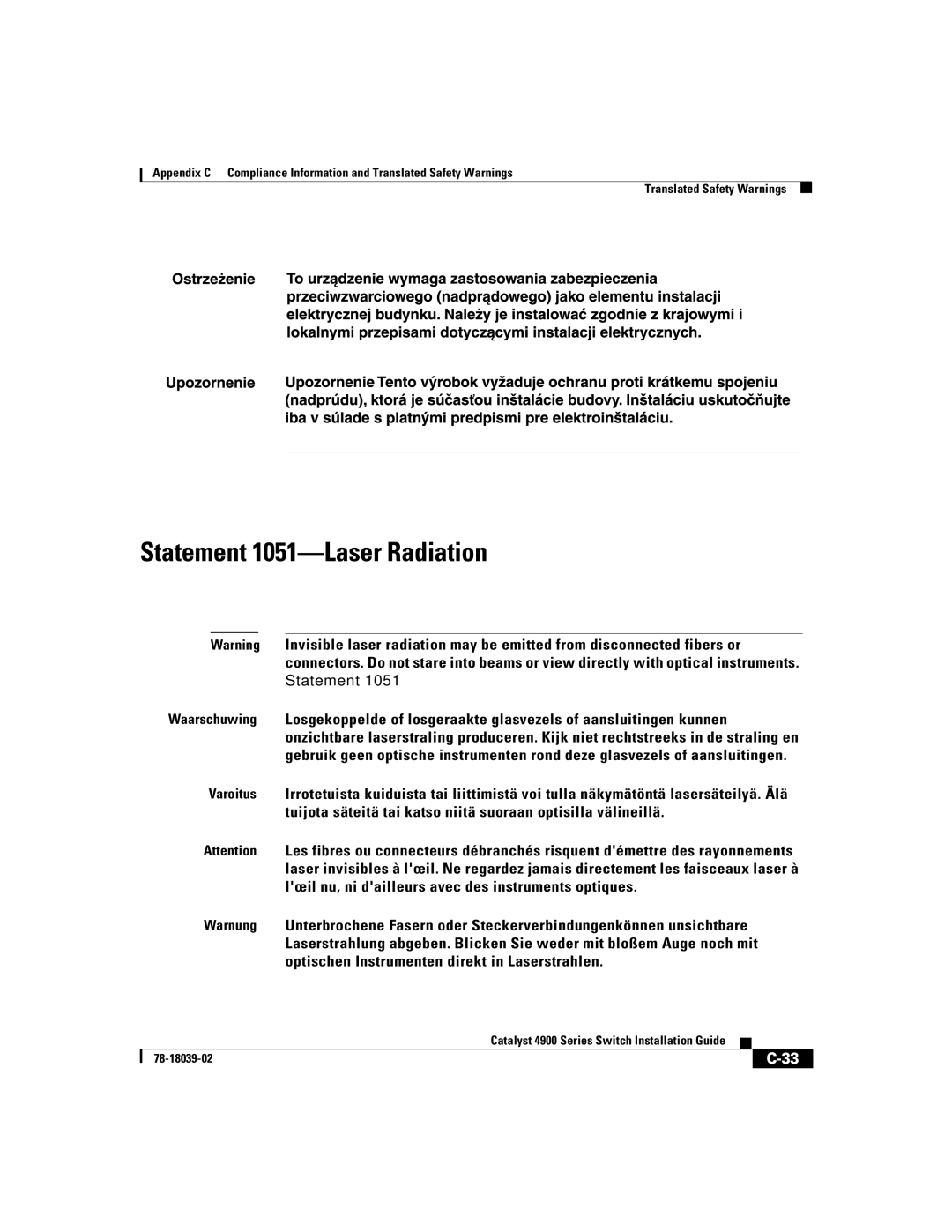 Cisco Systems 4900 Series manual Statement 1051-Laser Radiation 