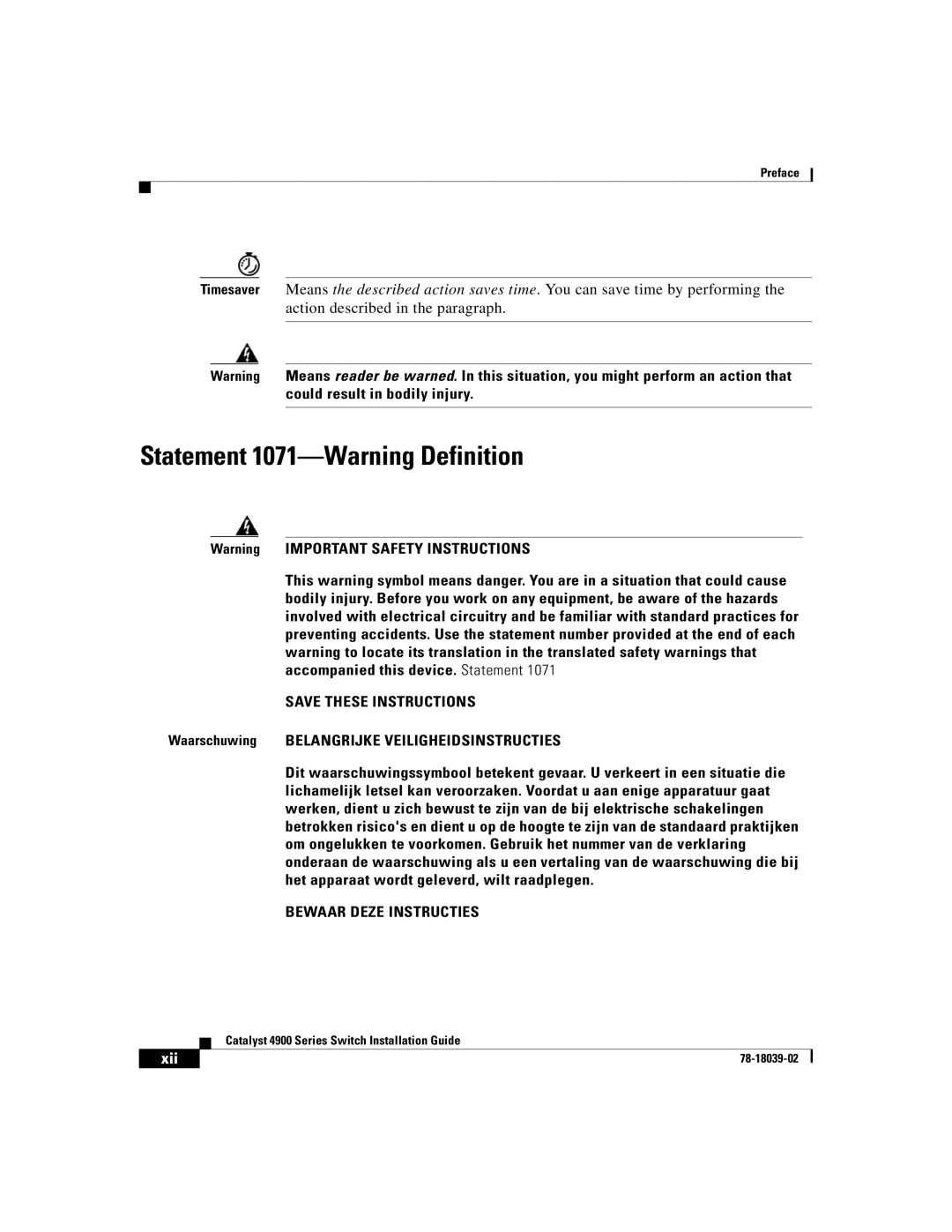 Cisco Systems 4900 Series manual Statement 1071-Warning Definition, Waarschuwing Belangrijke Veiligheidsinstructies 