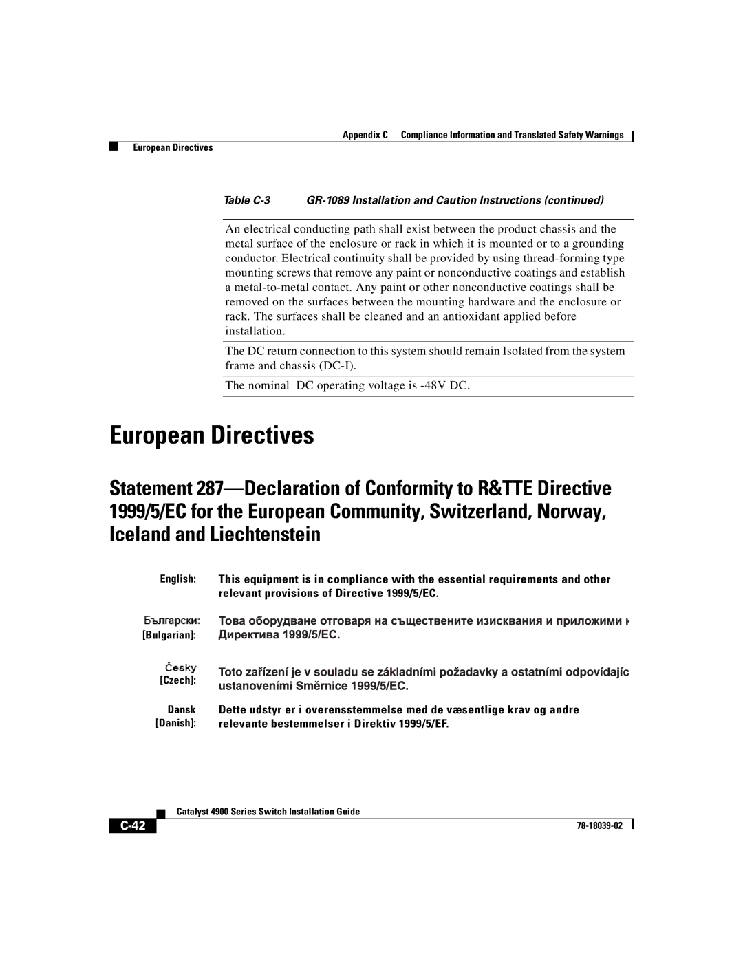 Cisco Systems 4900 Series manual European Directives 