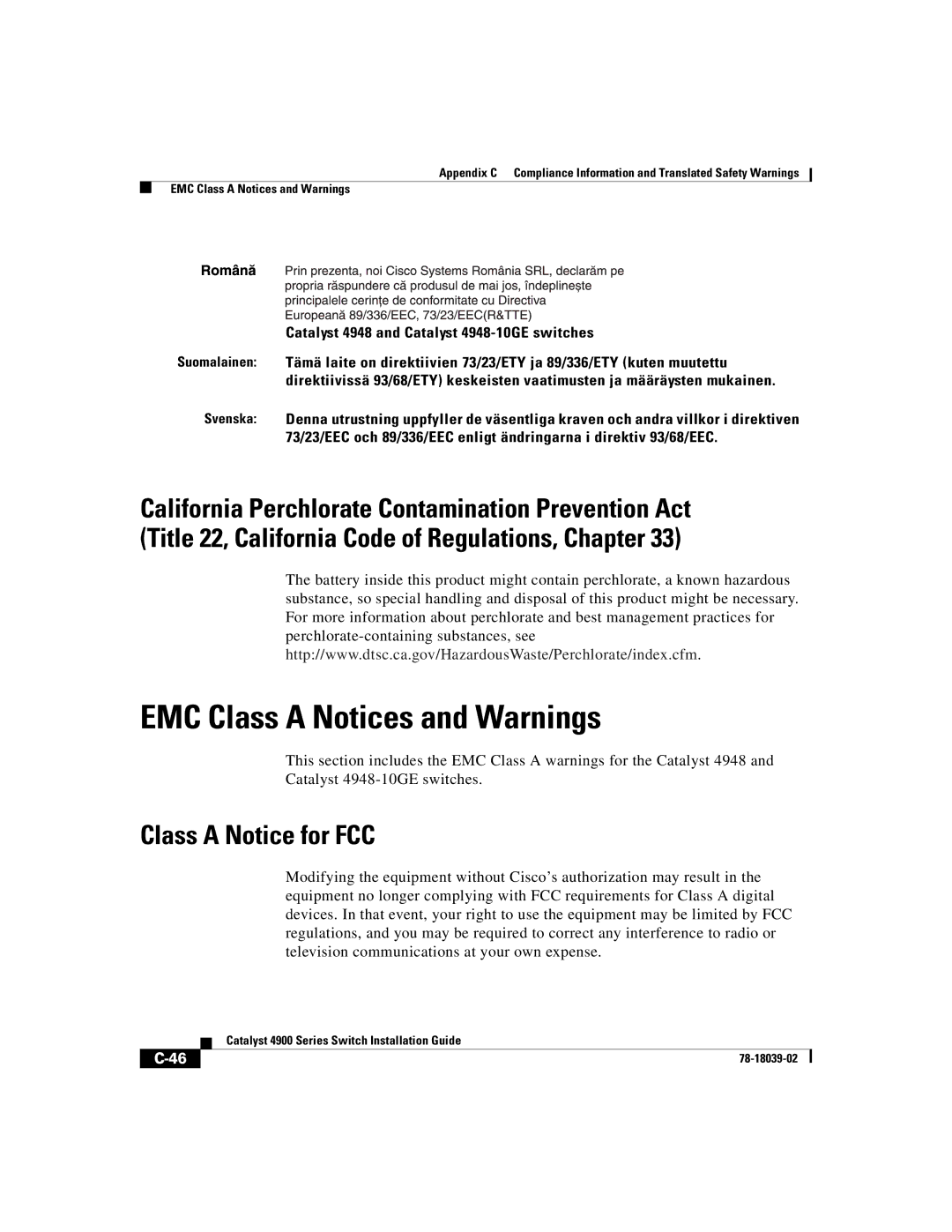 Cisco Systems 4900 Series manual EMC Class a Notices and Warnings, Class a Notice for FCC 