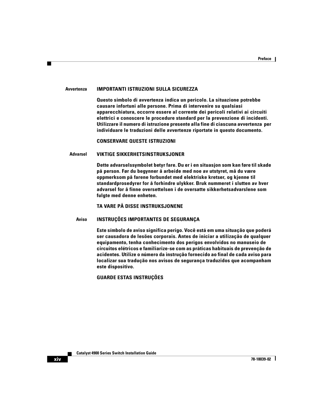 Cisco Systems 4900 Series Avvertenza Importanti Istruzioni Sulla Sicurezza, Aviso Instruções Importantes DE Segurança 