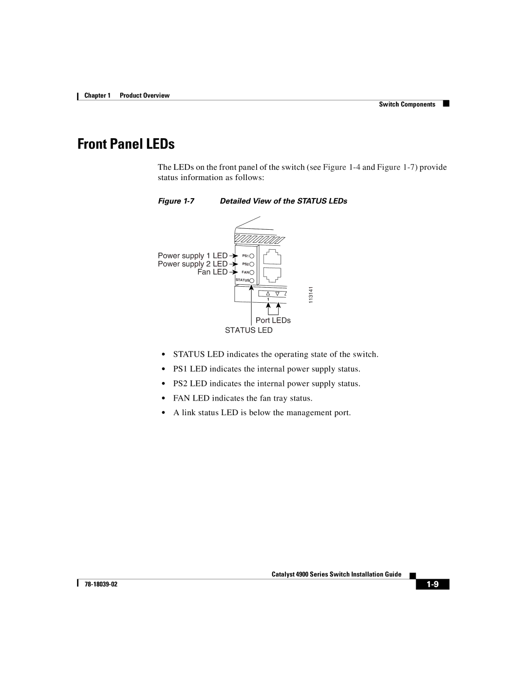 Cisco Systems 4900 Series manual Front Panel LEDs, Detailed View of the Status LEDs 