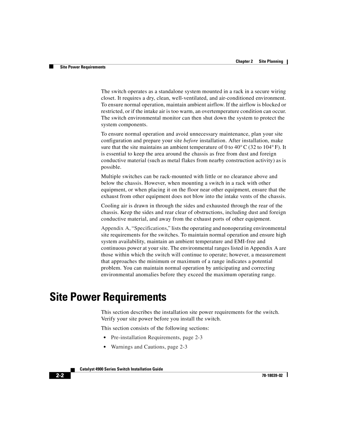 Cisco Systems 4900 Series manual Site Power Requirements, Pre-installation Requirements 