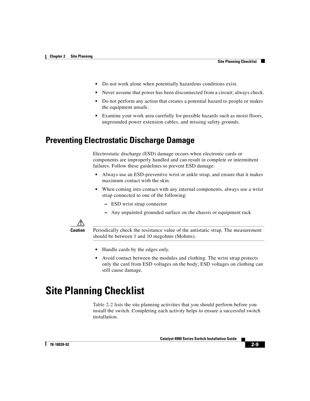 Cisco Systems 4900 Series manual Site Planning Checklist, Preventing Electrostatic Discharge Damage 