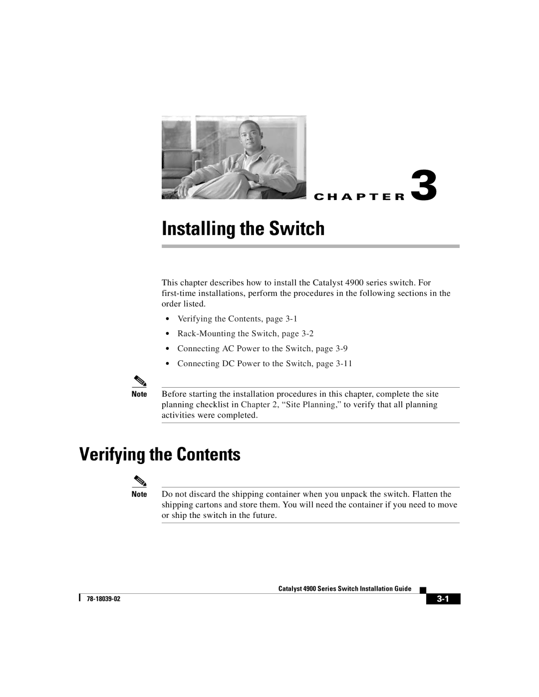 Cisco Systems 4900 Series manual Installing the Switch, Verifying the Contents 