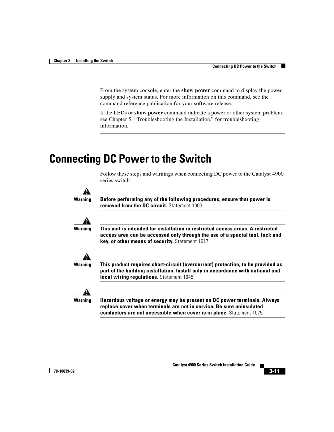 Cisco Systems 4900 Series manual Connecting DC Power to the Switch 