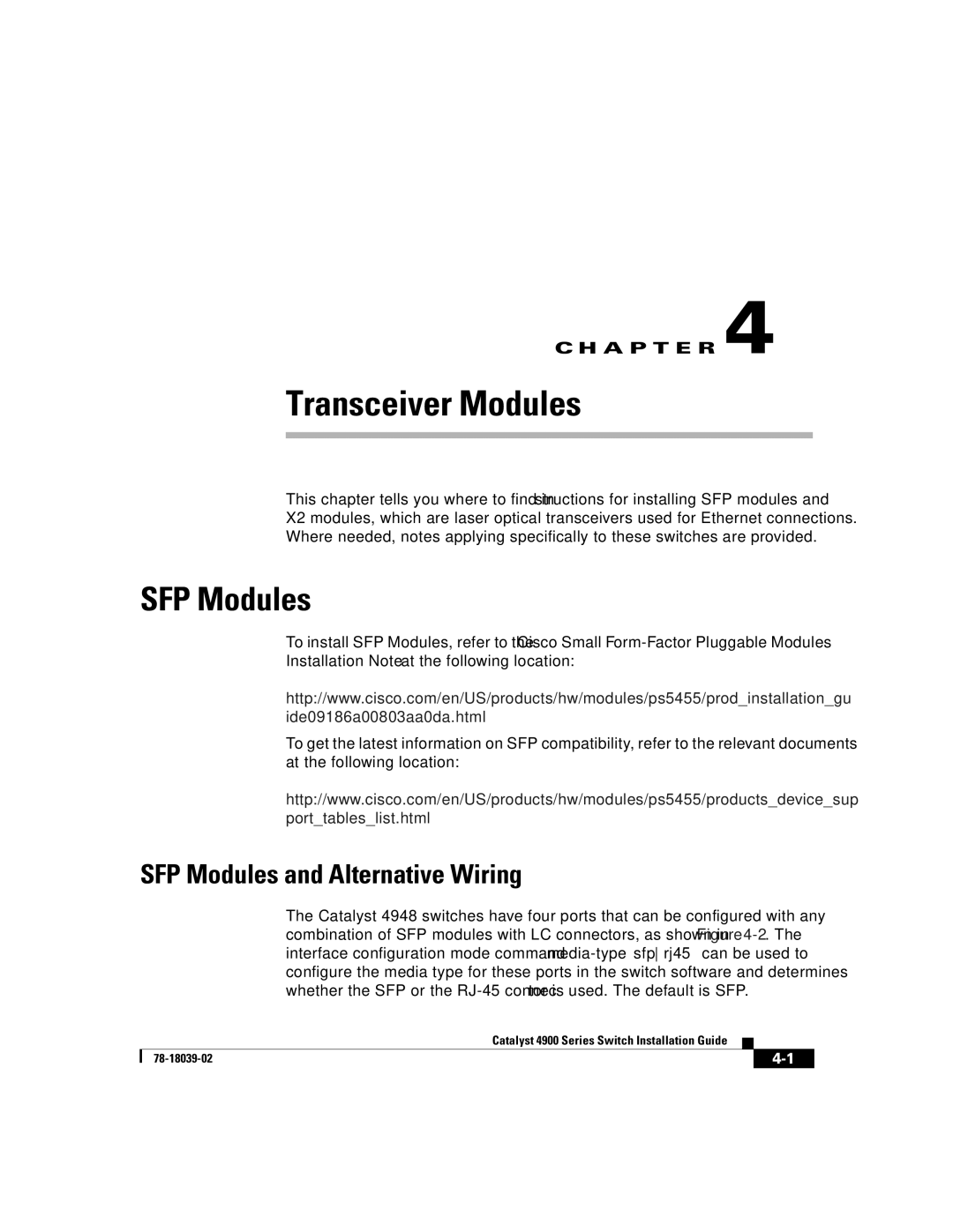 Cisco Systems 4900 Series manual SFP Modules and Alternative Wiring 