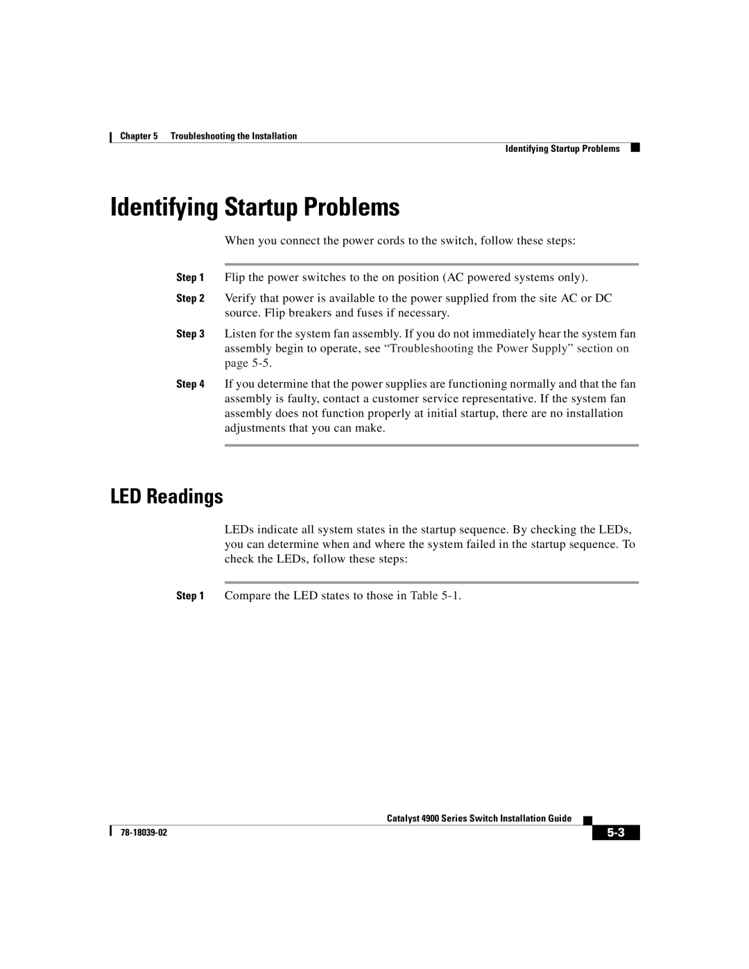 Cisco Systems 4900 Series manual Identifying Startup Problems, LED Readings 