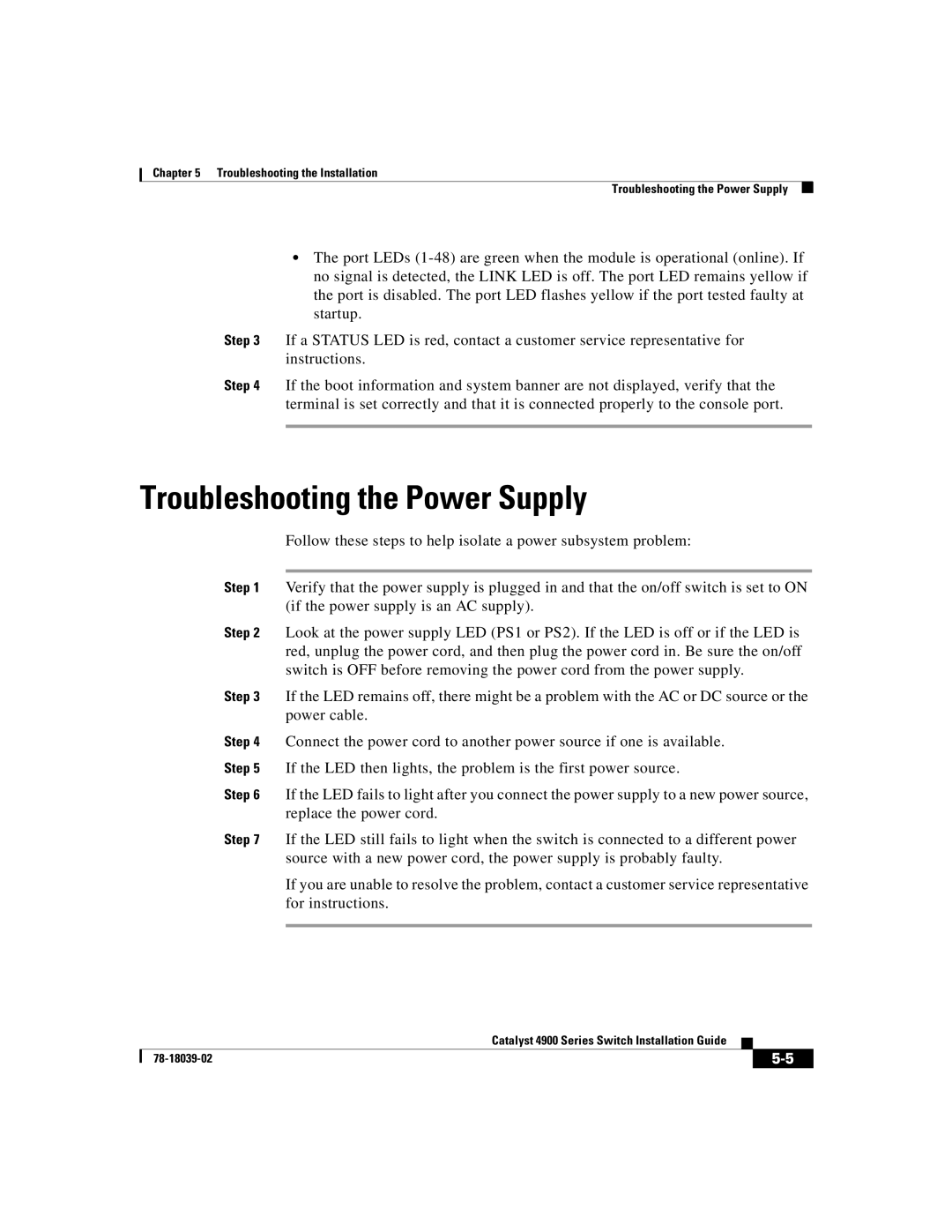 Cisco Systems 4900 Series manual Troubleshooting the Power Supply 