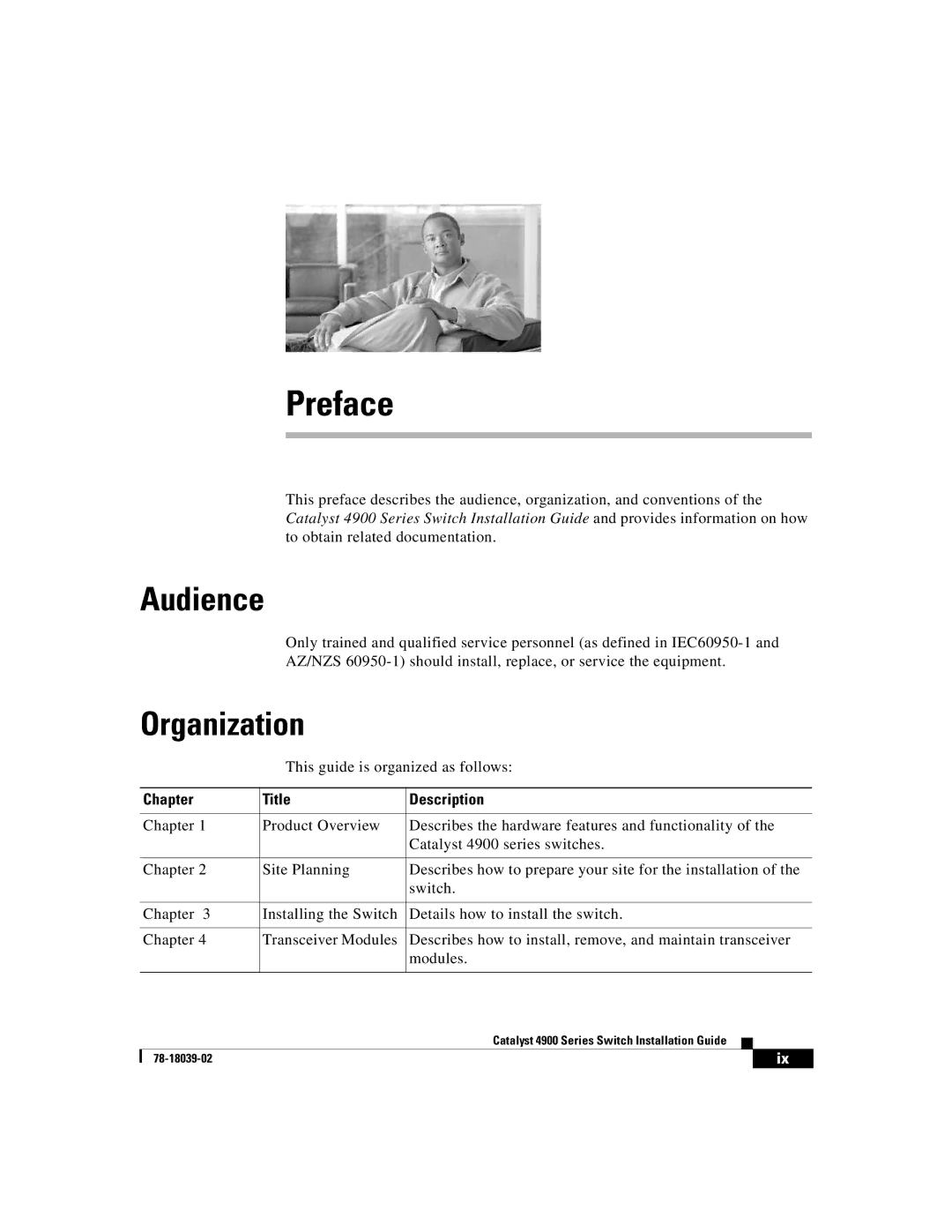 Cisco Systems 4900 Series manual Audience, Organization, Chapter Title Description 