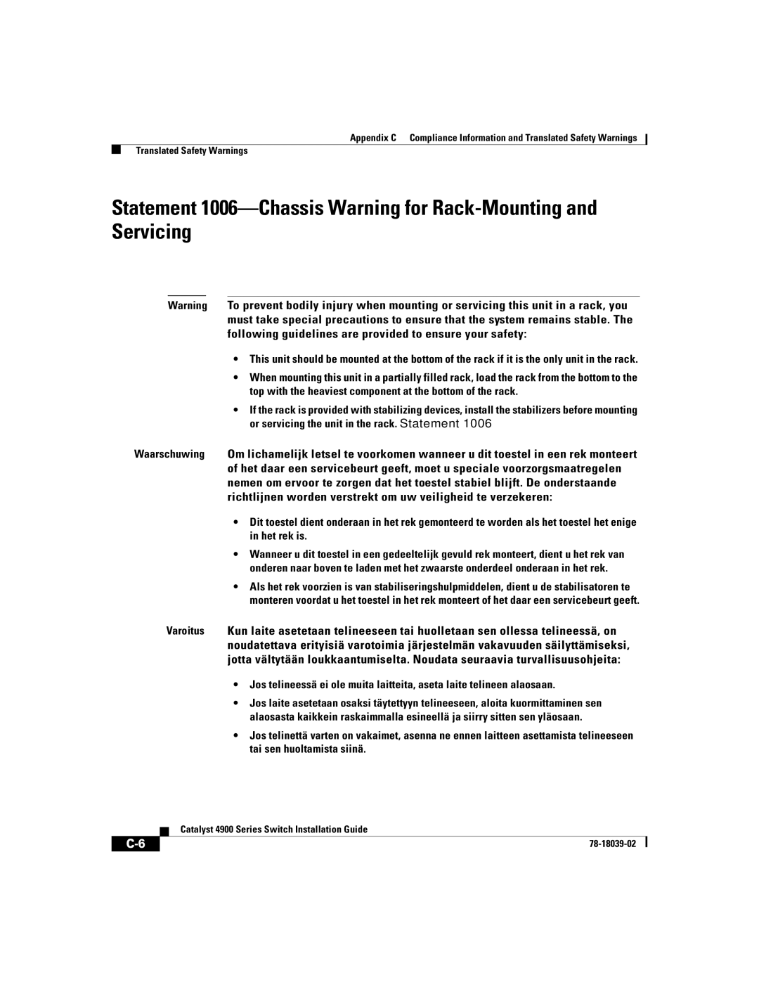 Cisco Systems 4900 Series manual Translated Safety Warnings 