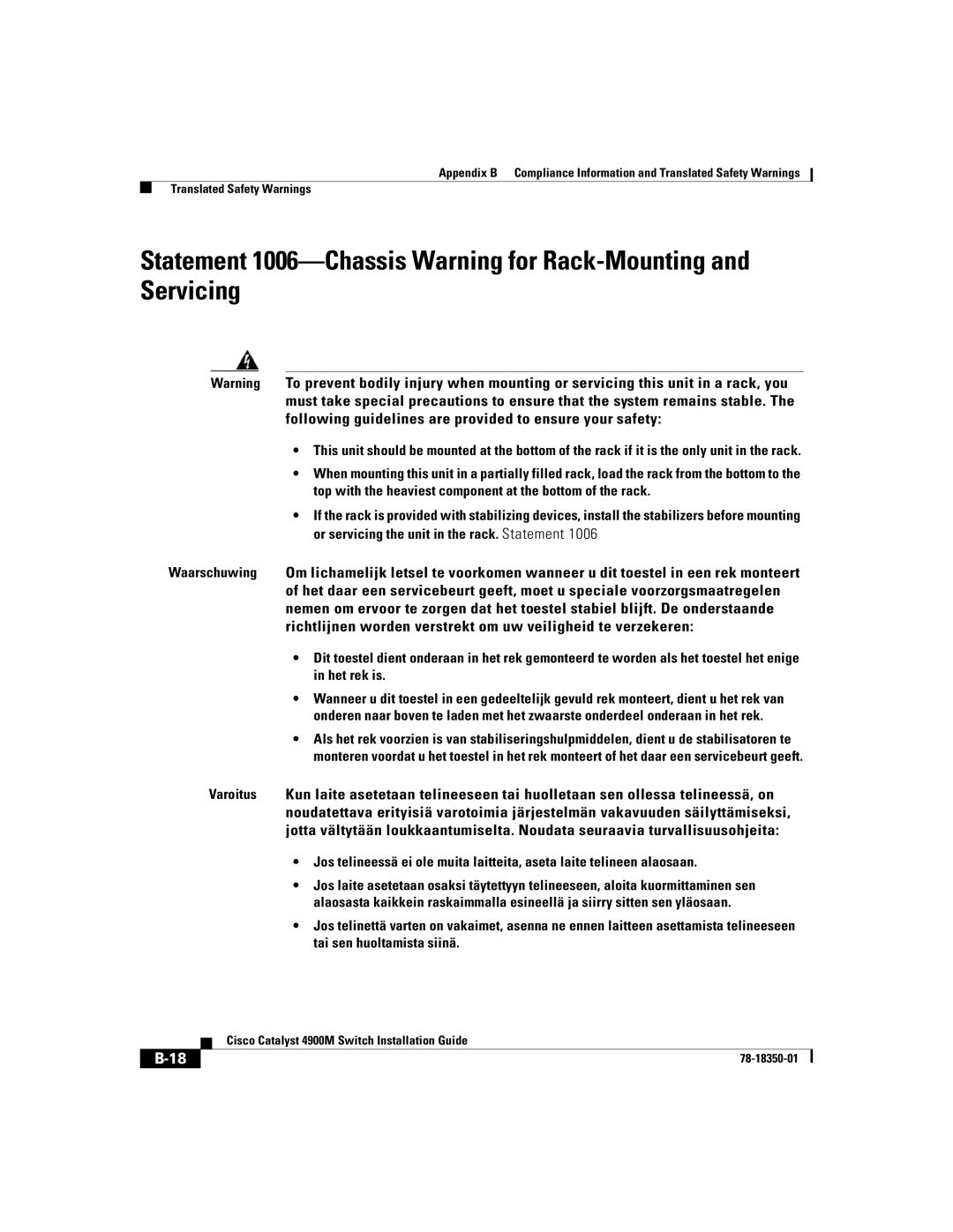 Cisco Systems 4900M manual Translated Safety Warnings 