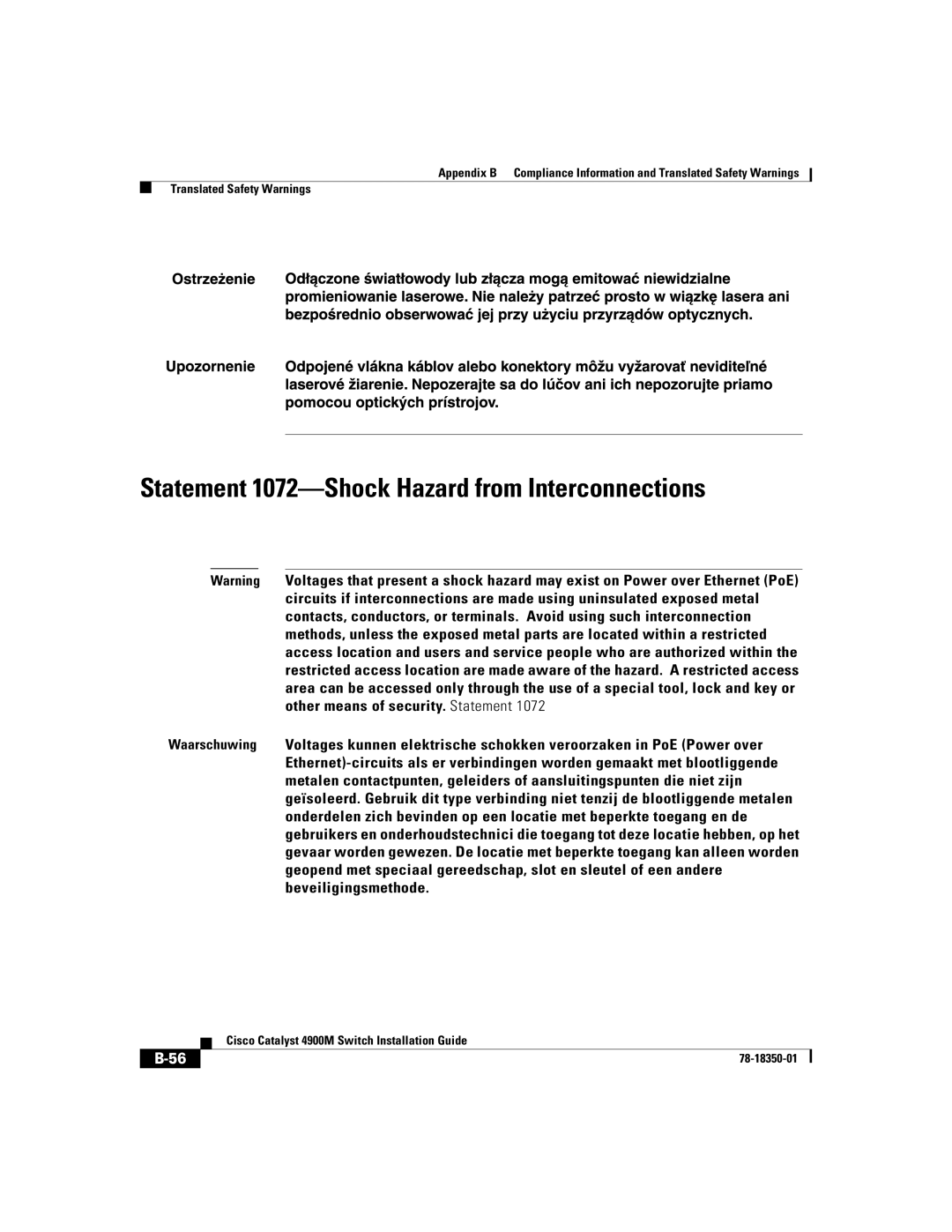 Cisco Systems 4900M manual Statement 1072-Shock Hazard from Interconnections 