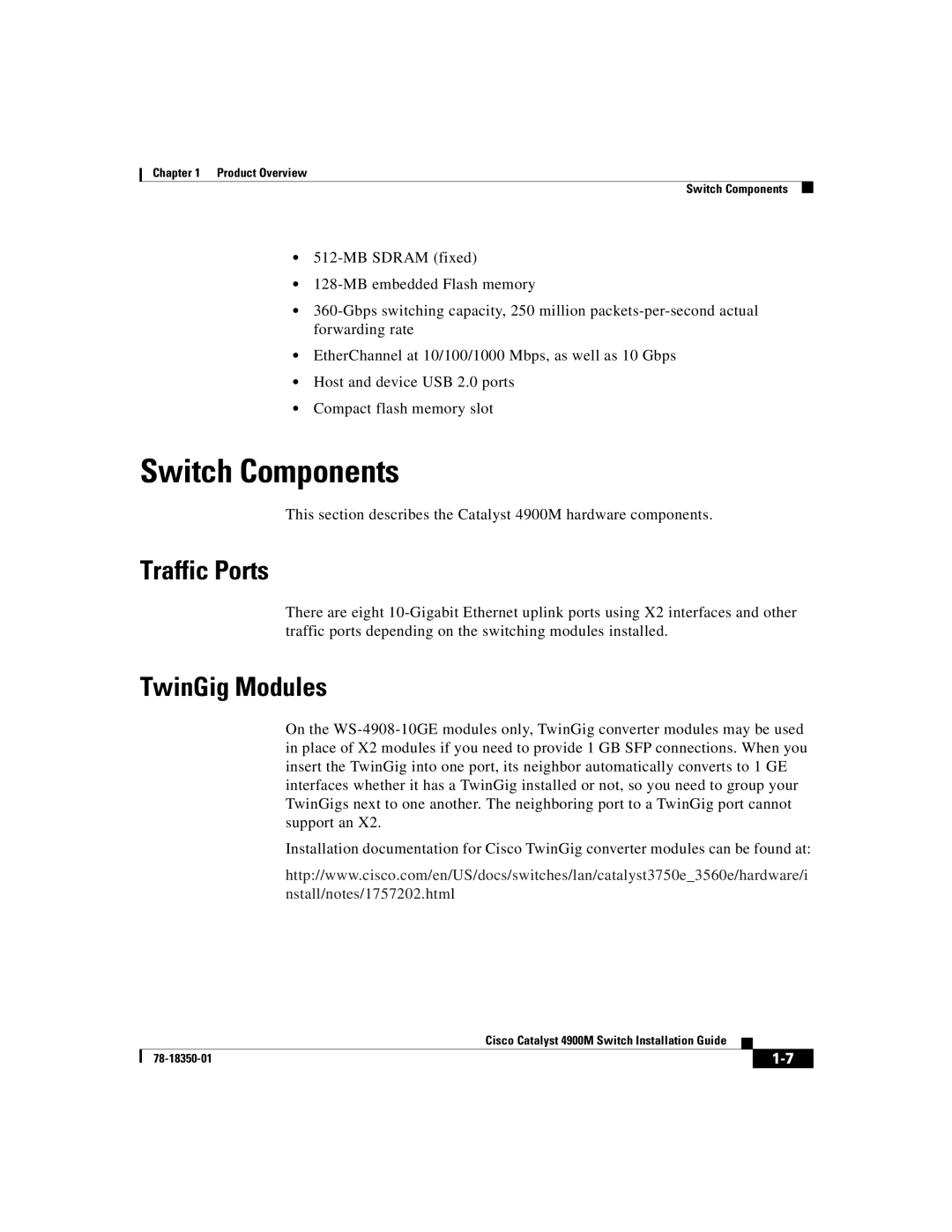 Cisco Systems 4900M manual Switch Components, Traffic Ports, TwinGig Modules 