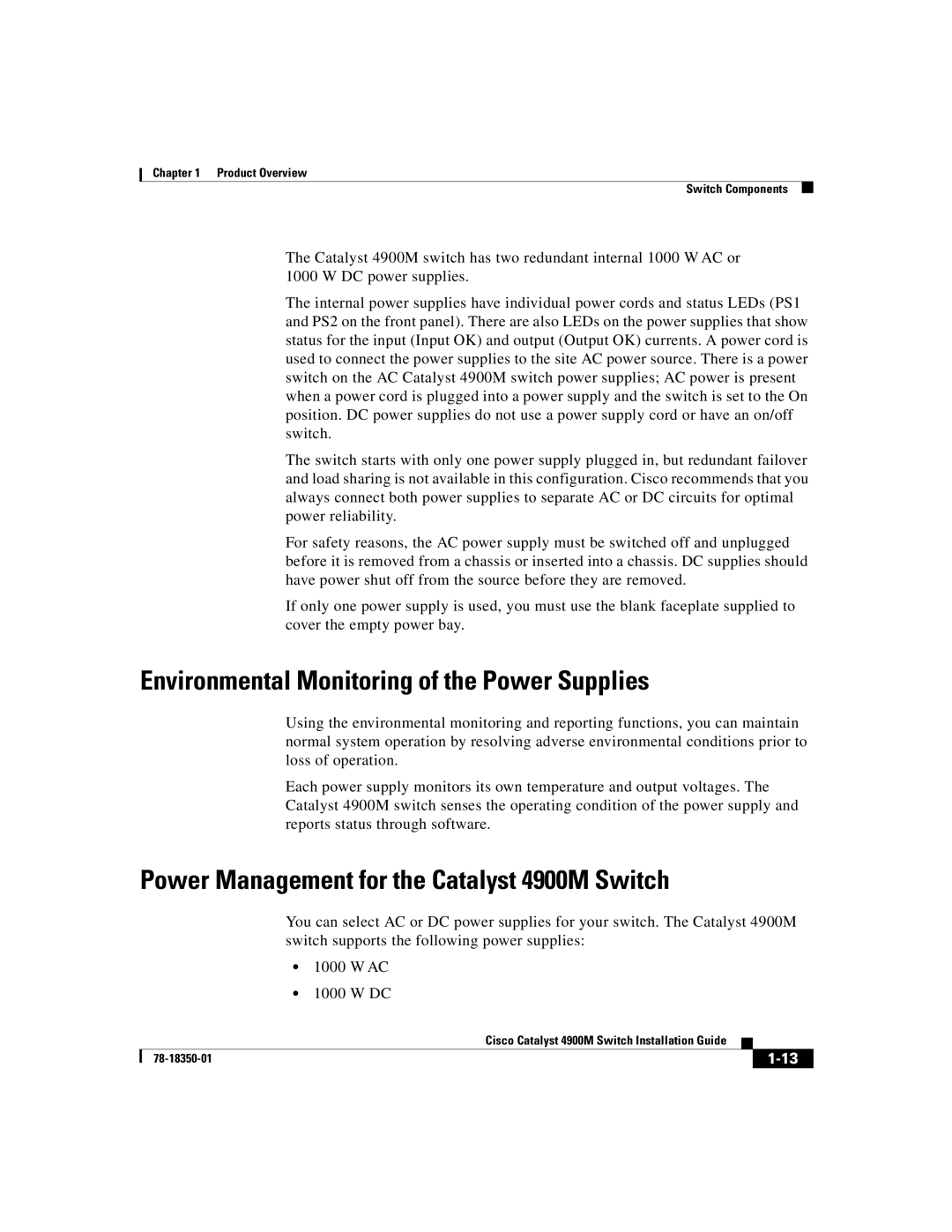 Cisco Systems manual Environmental Monitoring of the Power Supplies, Power Management for the Catalyst 4900M Switch 