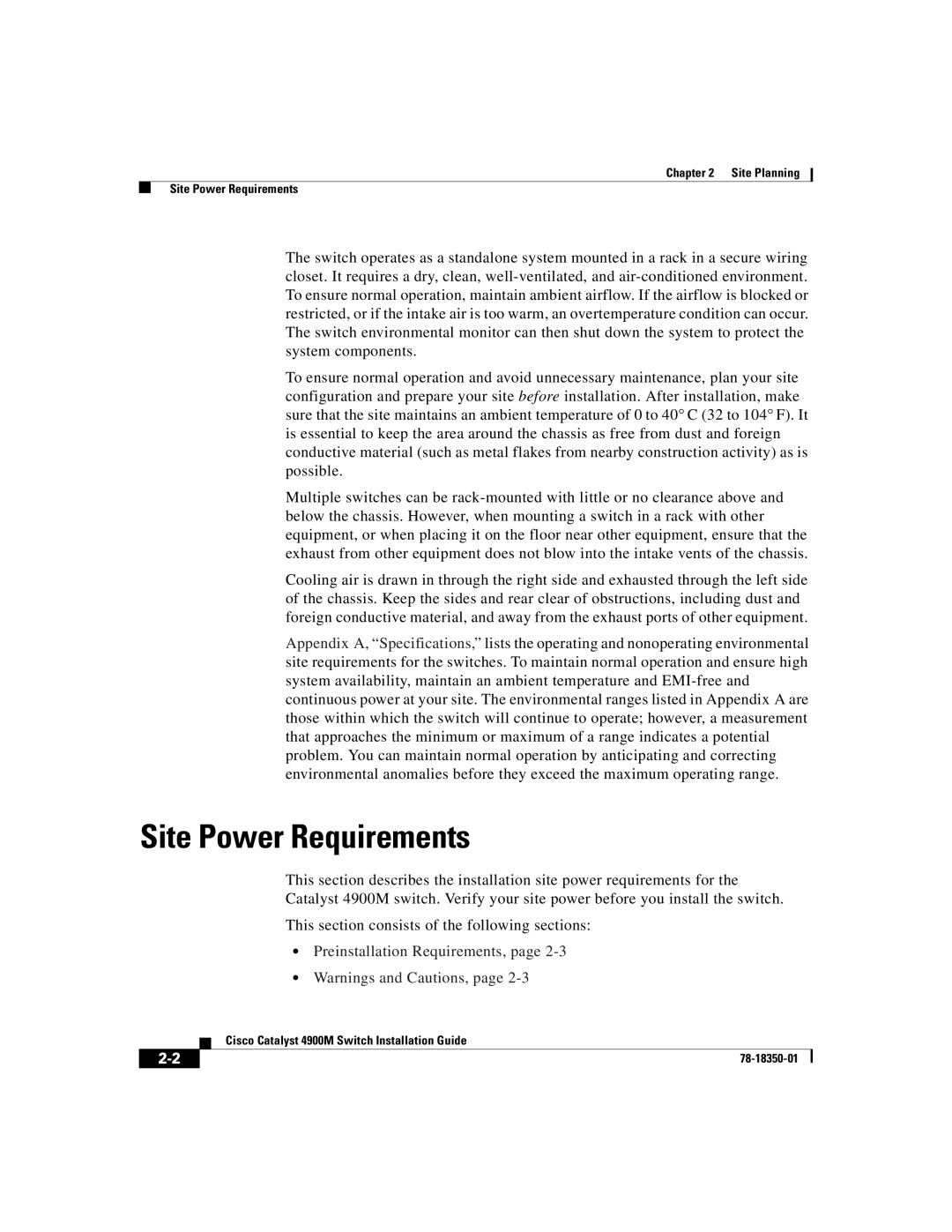 Cisco Systems 4900M manual Site Power Requirements, Preinstallation Requirements 