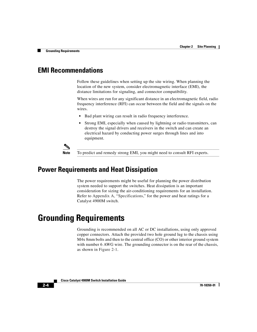 Cisco Systems 4900M manual Grounding Requirements, EMI Recommendations, Power Requirements and Heat Dissipation 