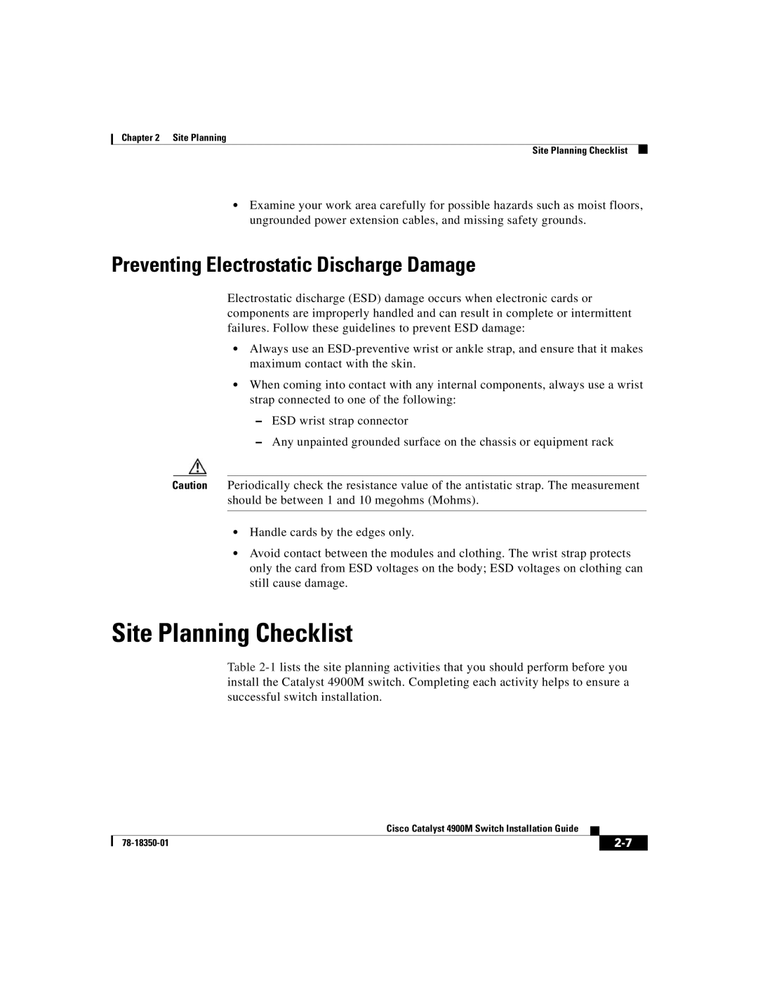 Cisco Systems 4900M manual Site Planning Checklist, Preventing Electrostatic Discharge Damage 