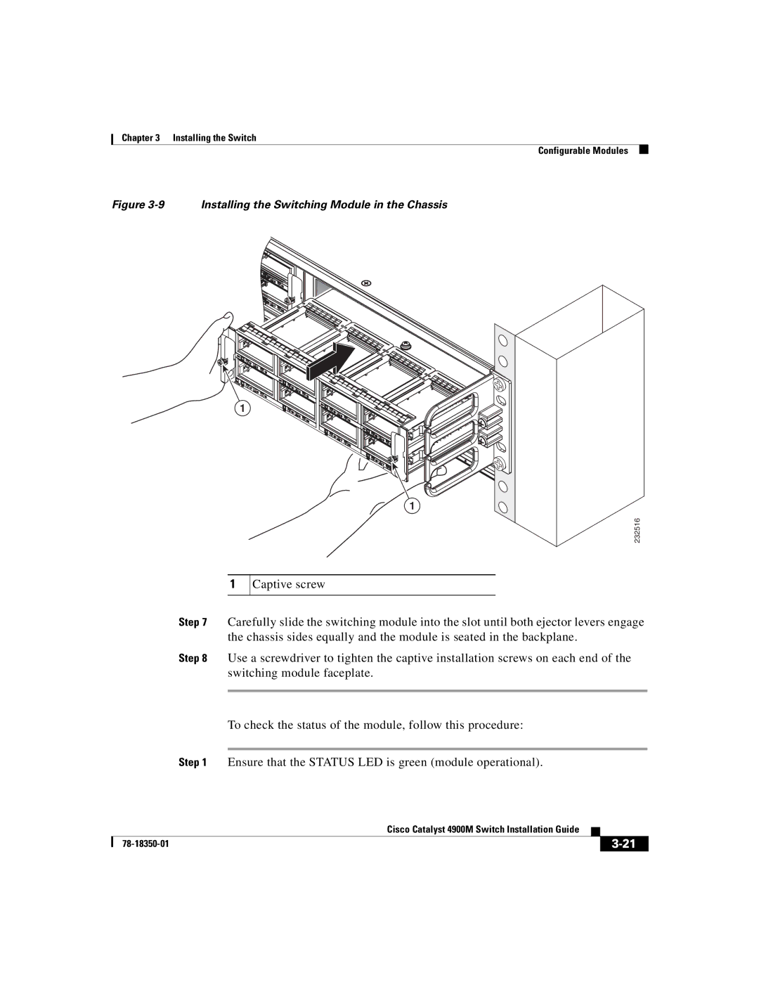 Cisco Systems 4900M manual Installing the Switching Module in the Chassis 