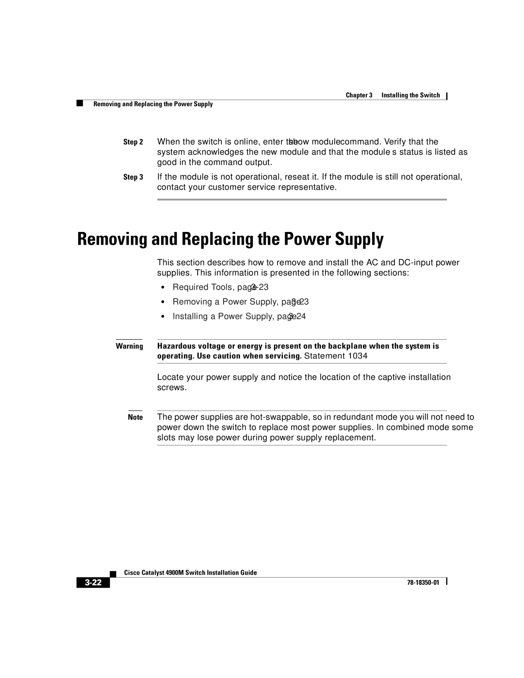 Cisco Systems 4900M manual Removing and Replacing the Power Supply 