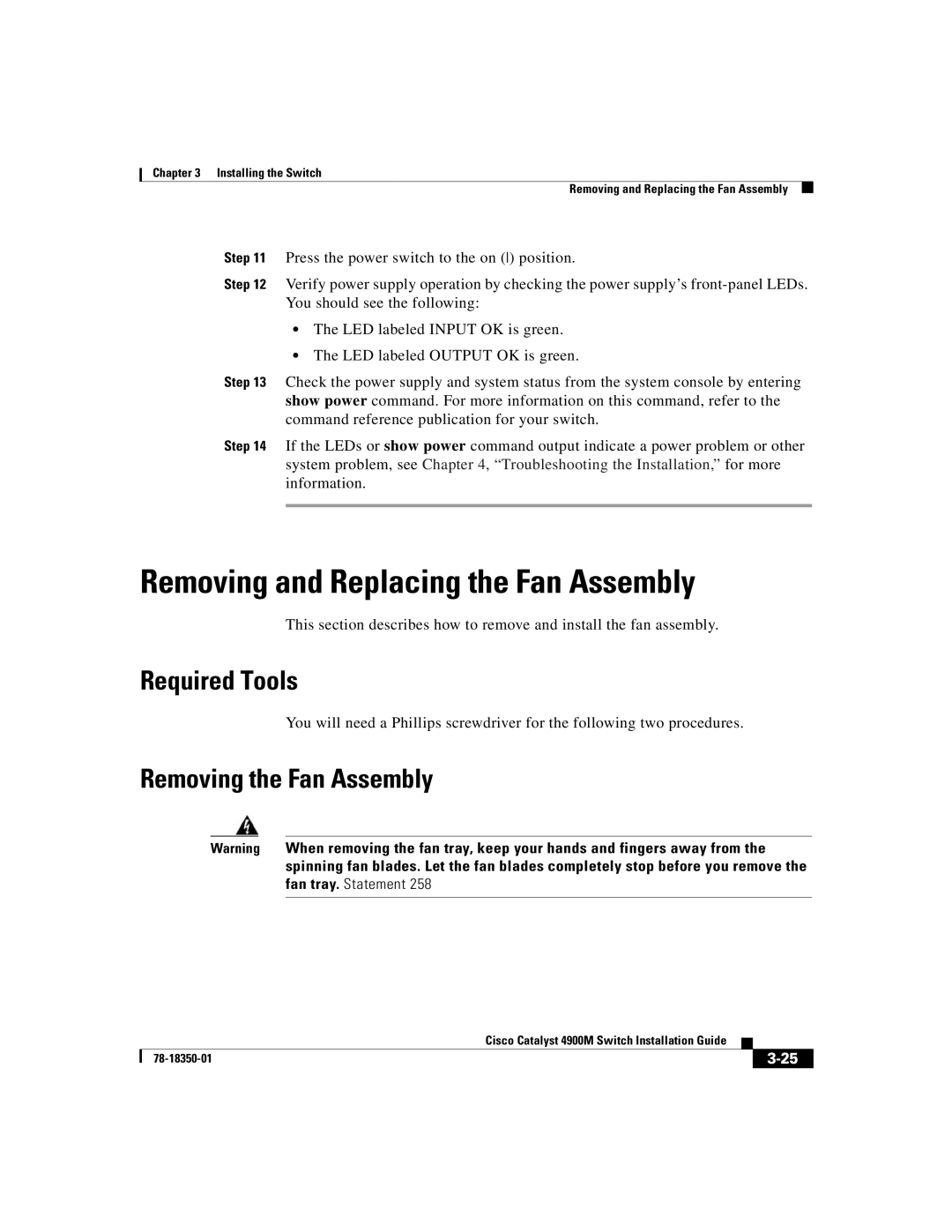 Cisco Systems 4900M manual Removing and Replacing the Fan Assembly, Removing the Fan Assembly 