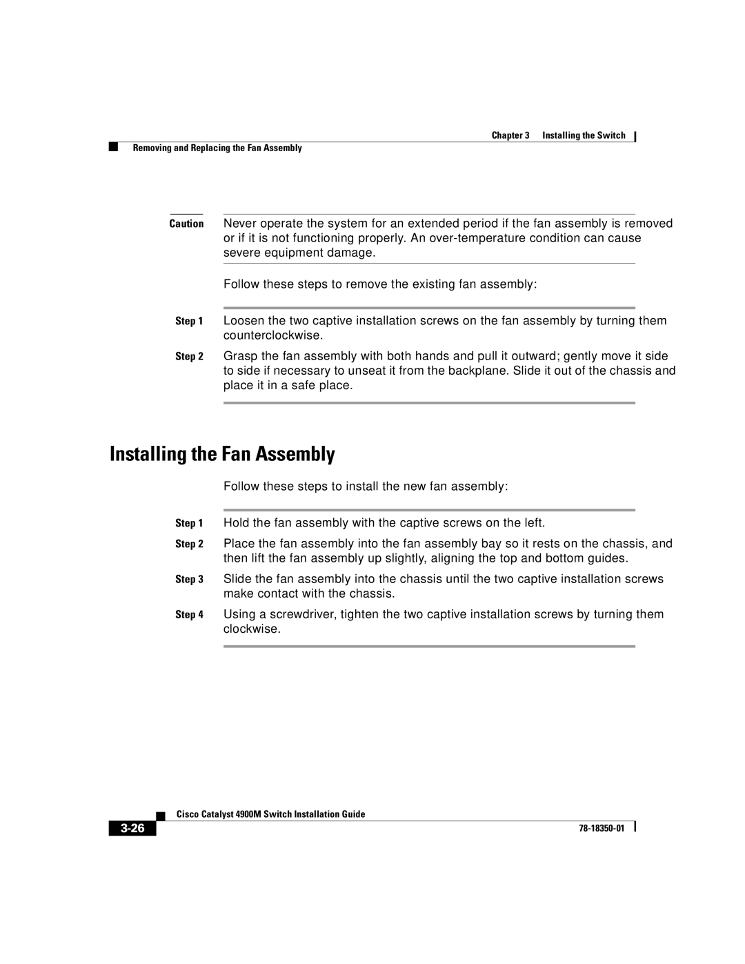 Cisco Systems 4900M manual Installing the Fan Assembly 