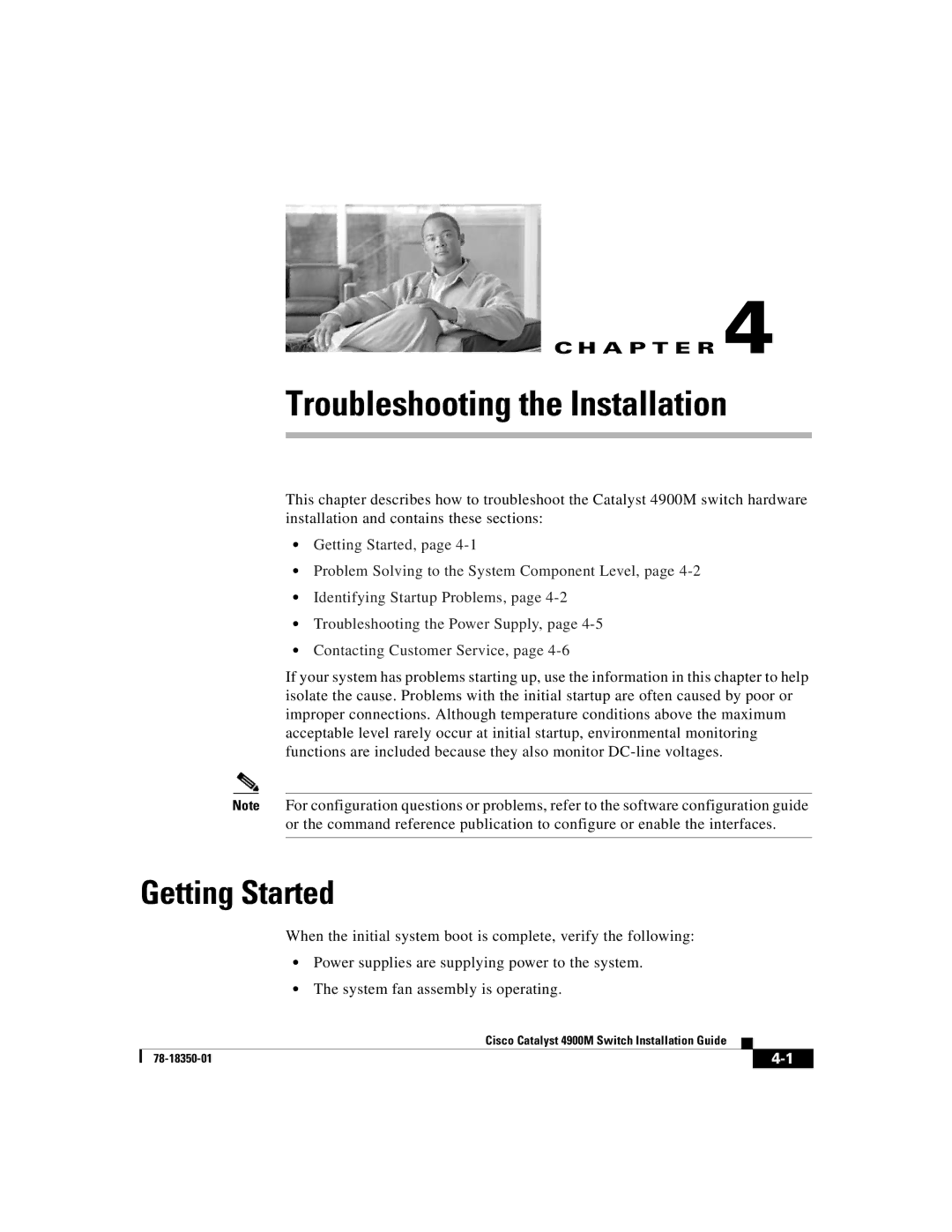 Cisco Systems 4900M manual Troubleshooting the Installation, Getting Started 