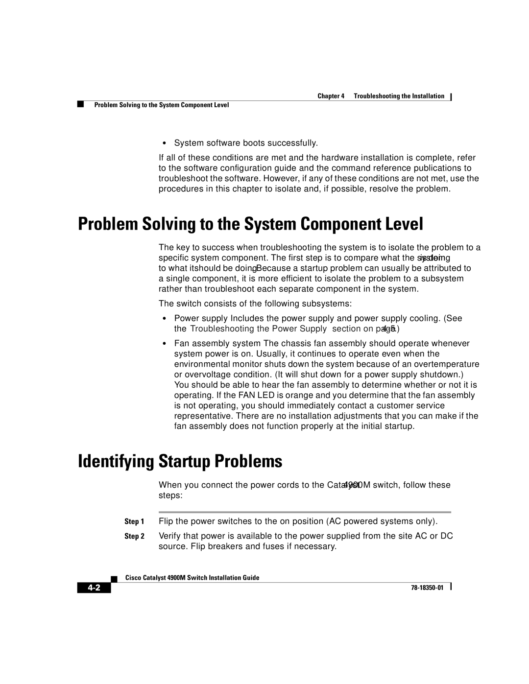 Cisco Systems 4900M manual Identifying Startup Problems, Problem Solving to the System Component Level 