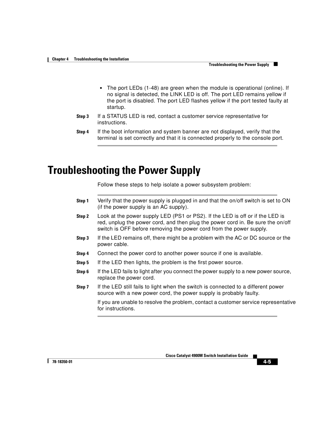 Cisco Systems 4900M manual Troubleshooting the Power Supply 