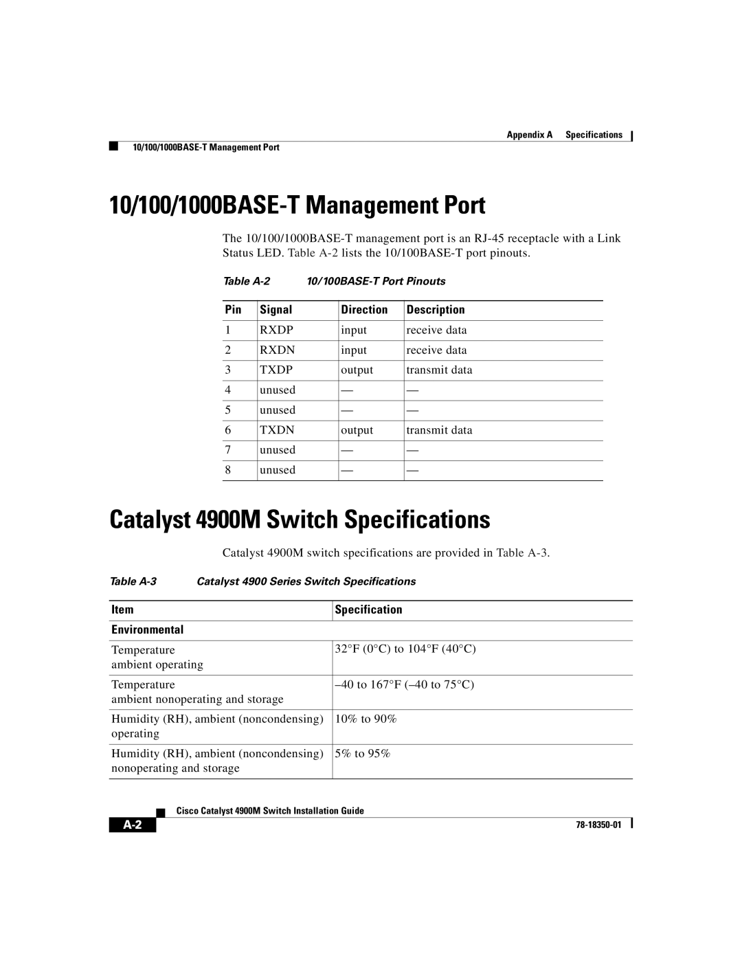 Cisco Systems 10/100/1000BASE-T Management Port, Catalyst 4900M Switch Specifications, Environmental Specification 