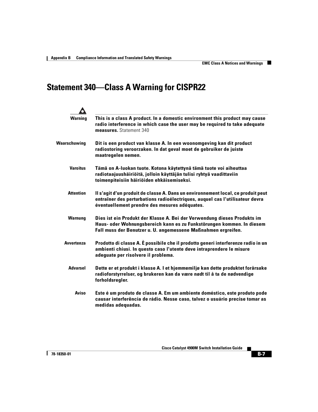 Cisco Systems 4900M manual Statement 340-Class a Warning for CISPR22 