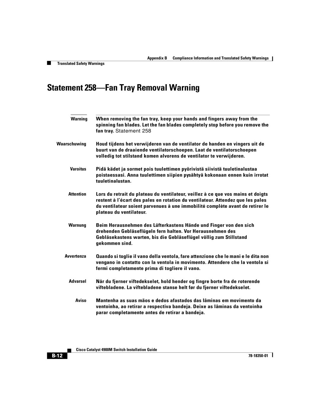 Cisco Systems 4900M manual Statement 258-Fan Tray Removal Warning 