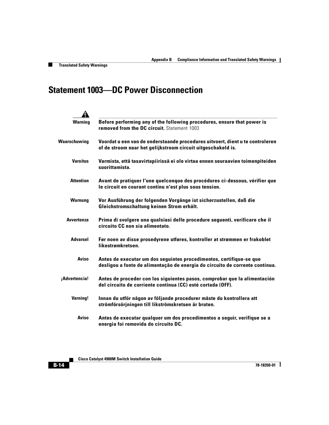 Cisco Systems 4900M manual Statement 1003-DC Power Disconnection 